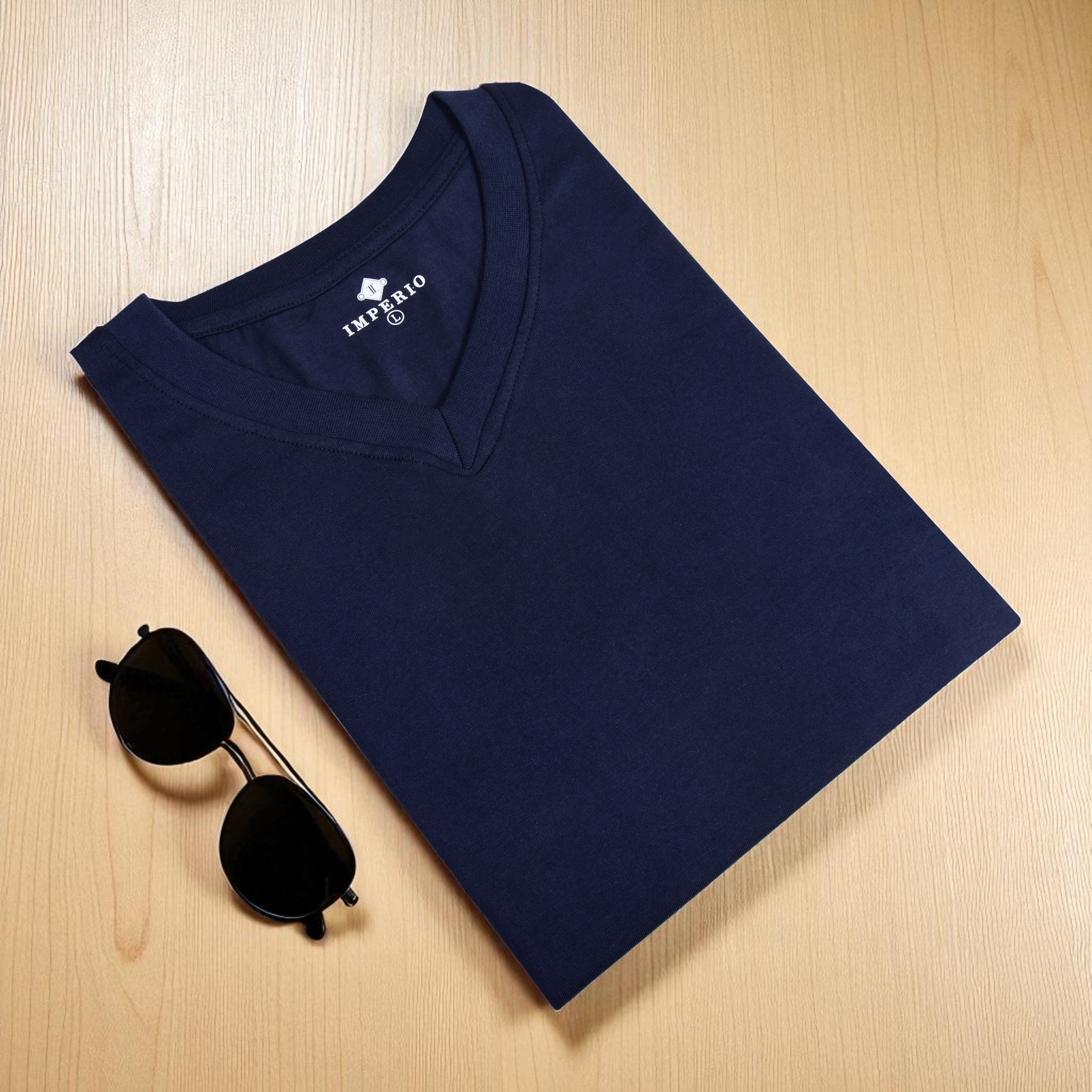 IMPERIO Men Navy Solid V-Neck T-Shirt | Pure Cotton, Casual Fit VN5017