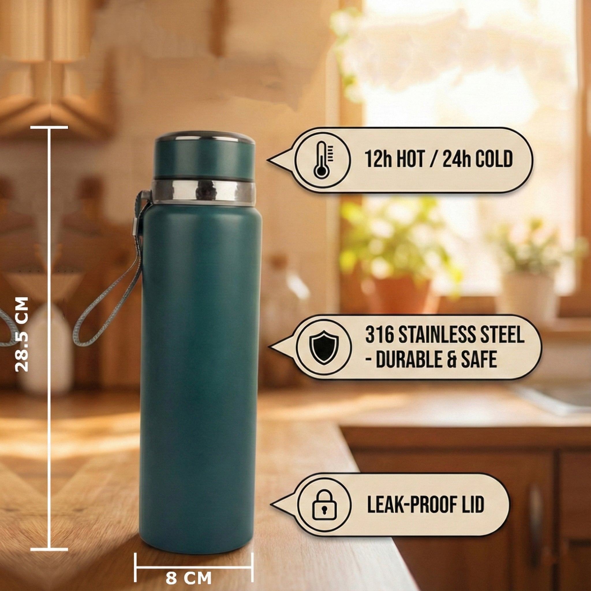 Ajanta Stylish Design 1000ml Stainless Steel Vacuum Flask | Leakproof Hot & Cold Thermos Bottle with Carry Strap and Tea Infuser