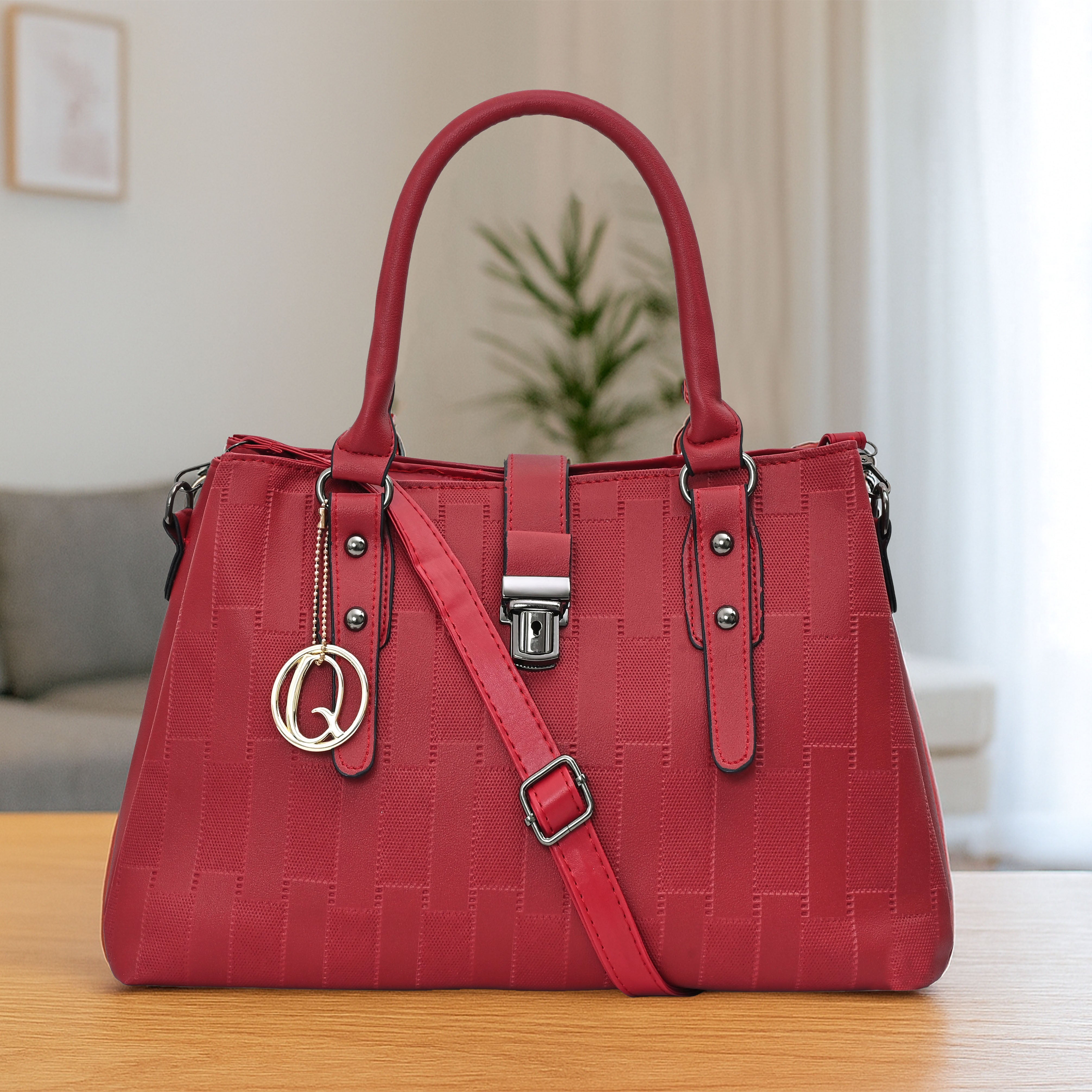 QIARRA Maroon Luxe Textured Synthetic Rexin Shoulder Bag with Detachable Strap & Snap Button Closure VB8044