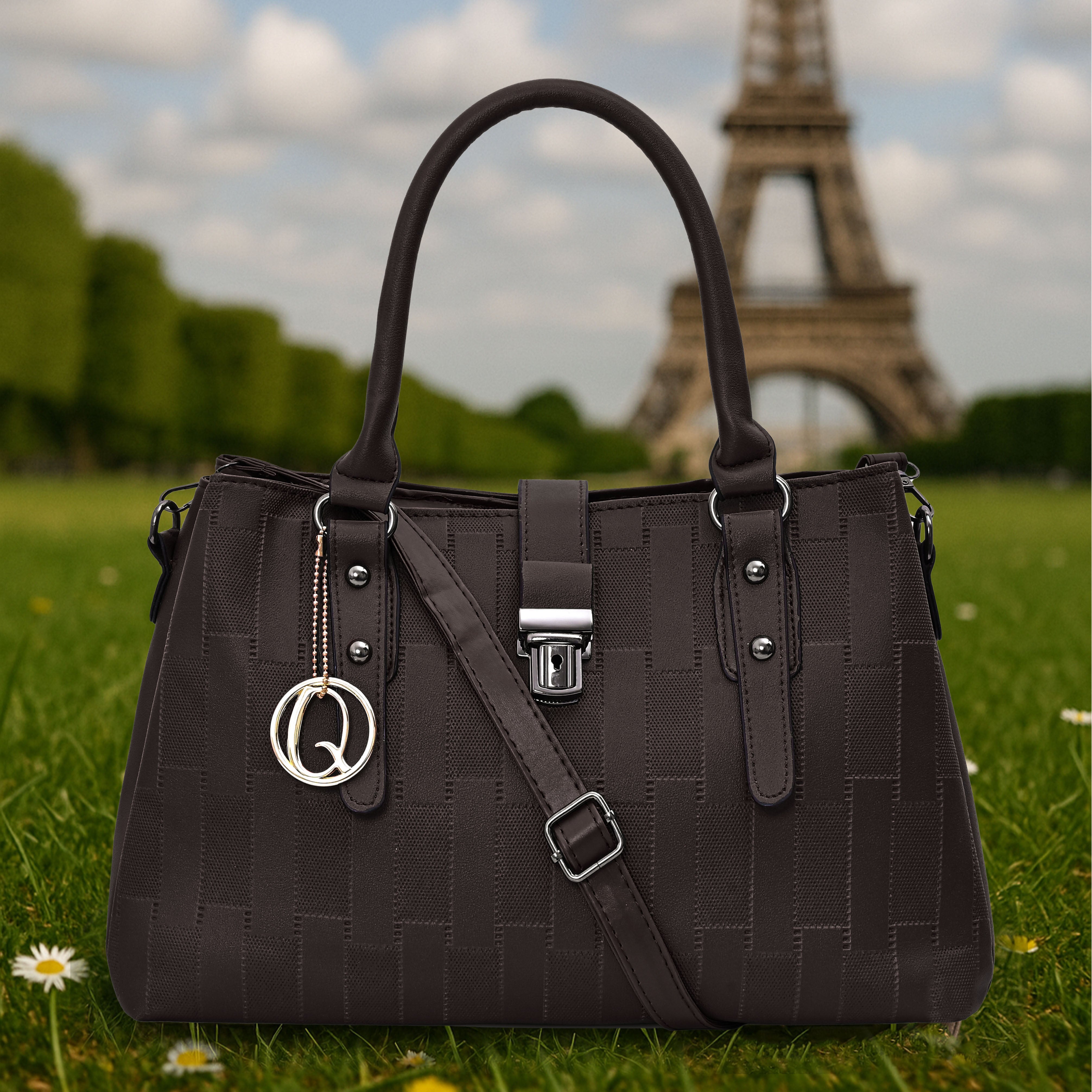 QIARRA Dark Brown Luxe Textured Synthetic Rexin Shoulder Bag with Detachable Strap & Snap Button Closure VB8045