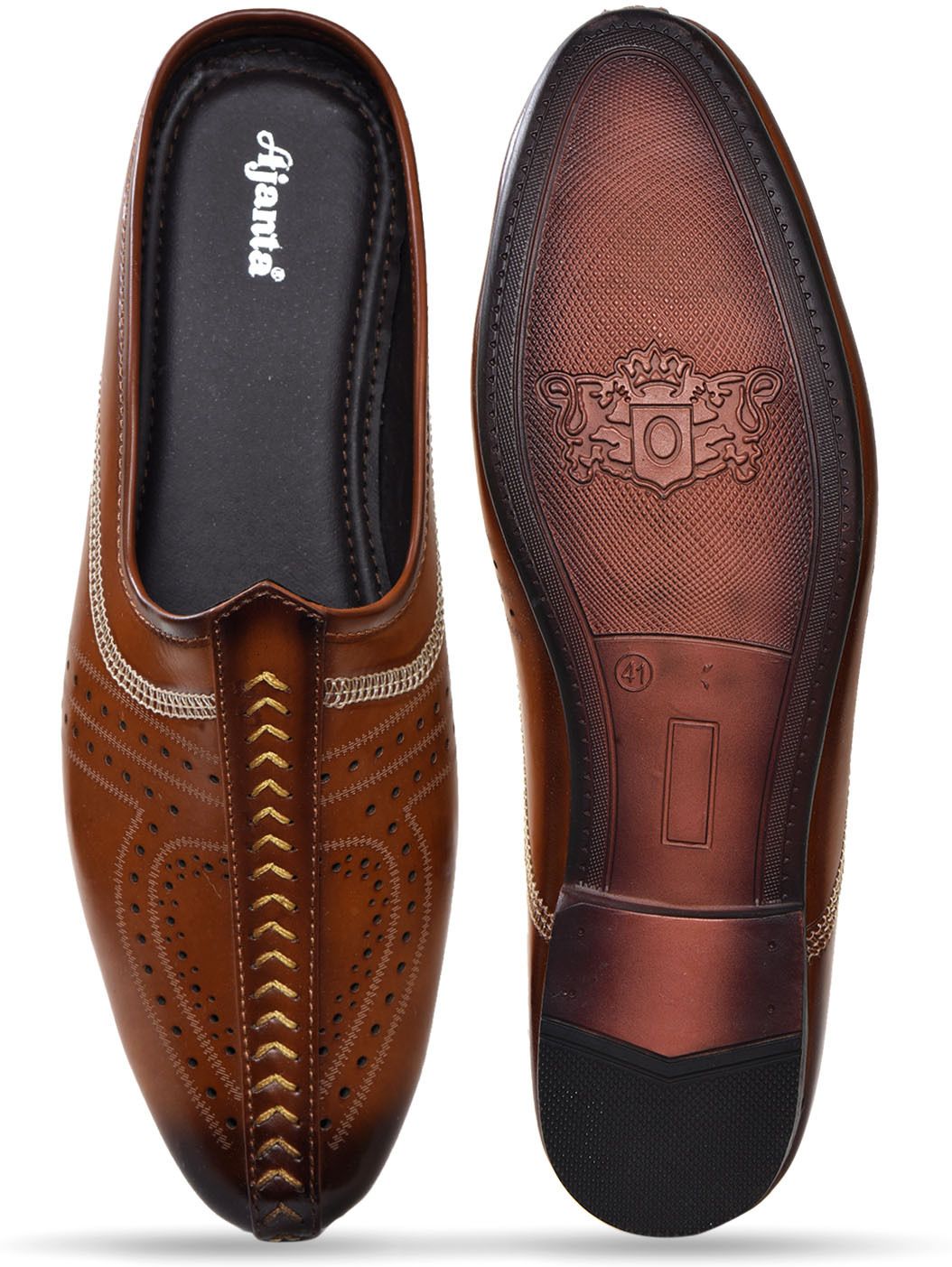 AJANTA Men's Brown Mule Loafers Shoes | Formal Slip-On Mules for Men | Synthetic Leather Ethnic Mojari Style Back Open Dress Wear | Comfortable Lightweight Airmix Sole | Office Wear, Wedding, Party Festive & Traditional Casual Footwear