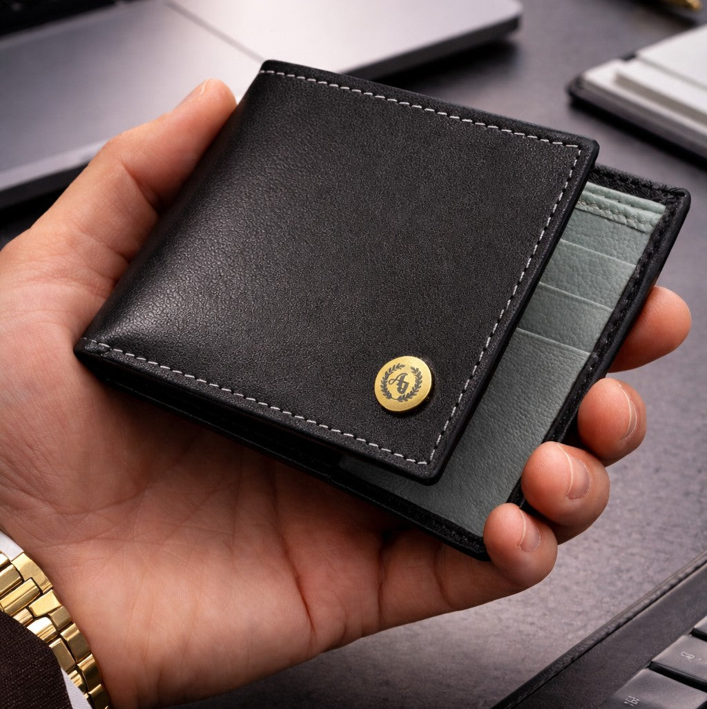 Ajanta Black Leather Wallet for Men Slim Bi-Fold with 3 Card Slots