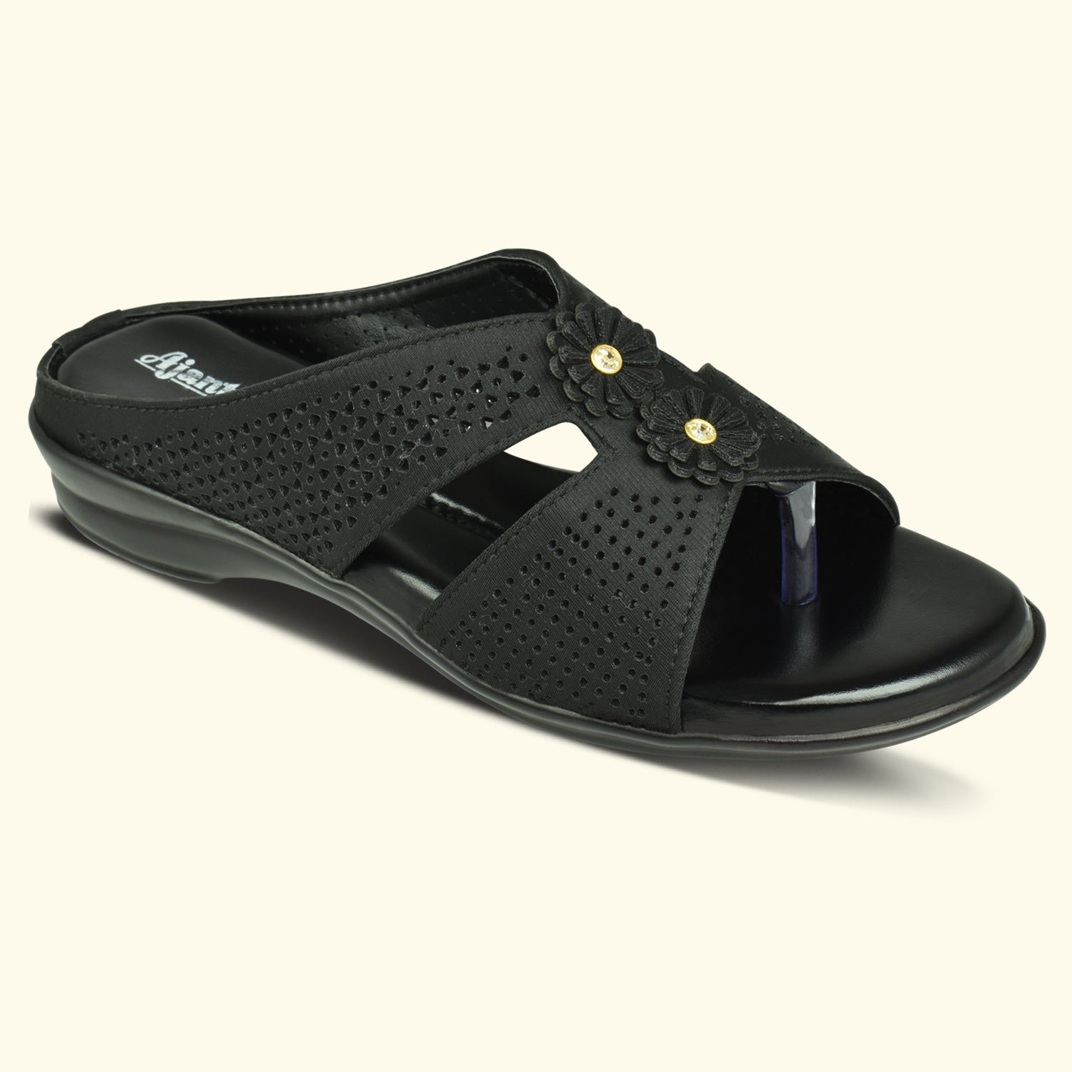 Ajanta Black Laser Cut Floral Upper Slip-on Flat Sandal for Women EL3025