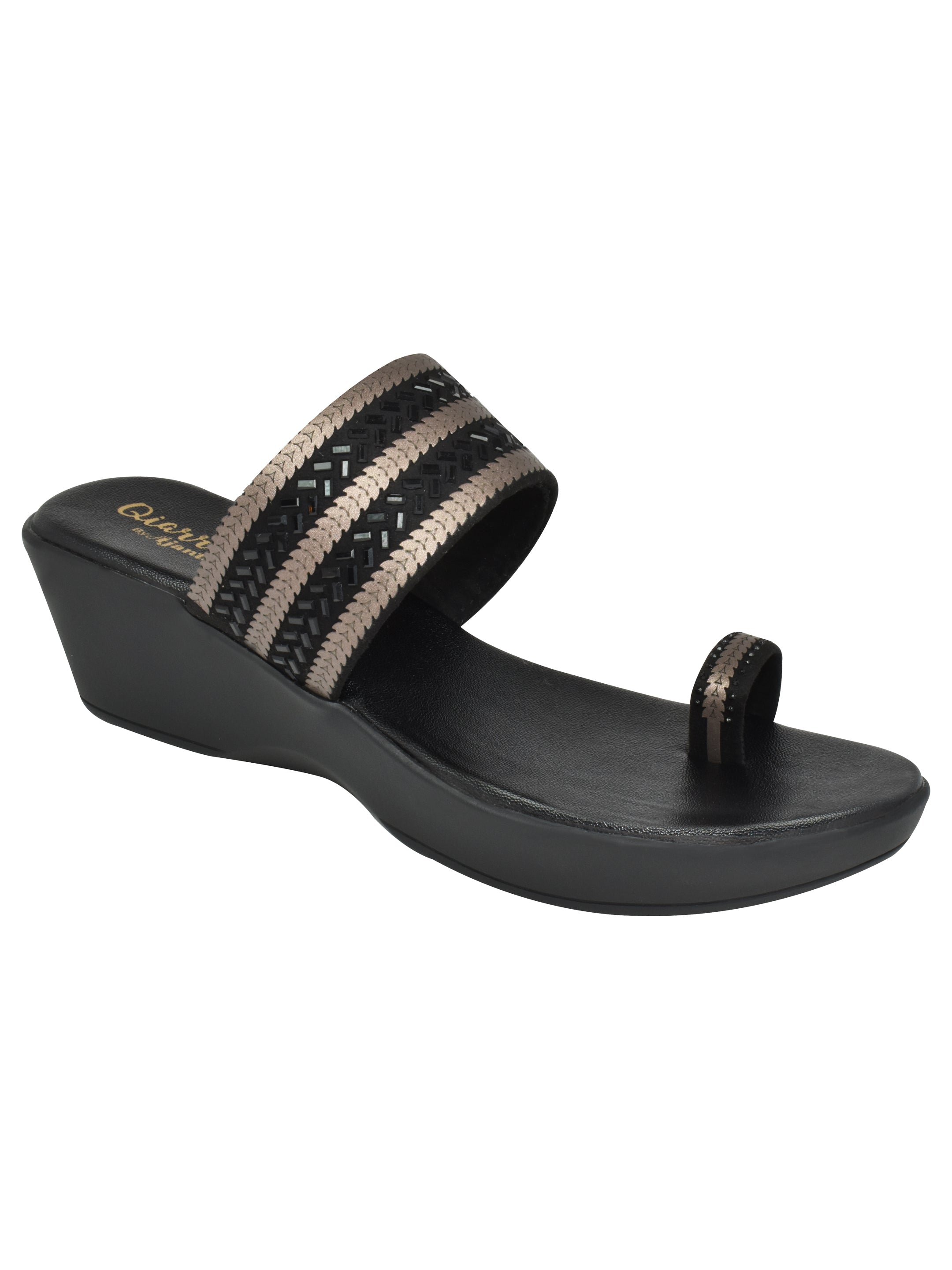 QIARRA Women's Black Embellished Rexine Upper, Cushioned Insole & AirMax Sole Toe Ring Wedge Sandal CL0925