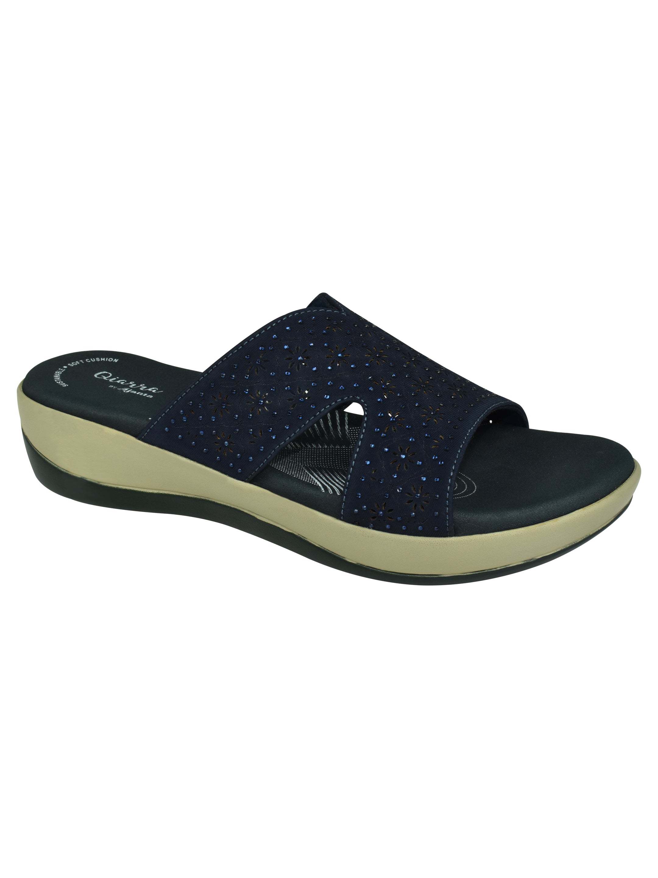 QIARRA Women's Navy Embellished & Laser Cut Rexine Upper, Cushioned Insole, AirMax Sole Open Toe Sandal ML0899