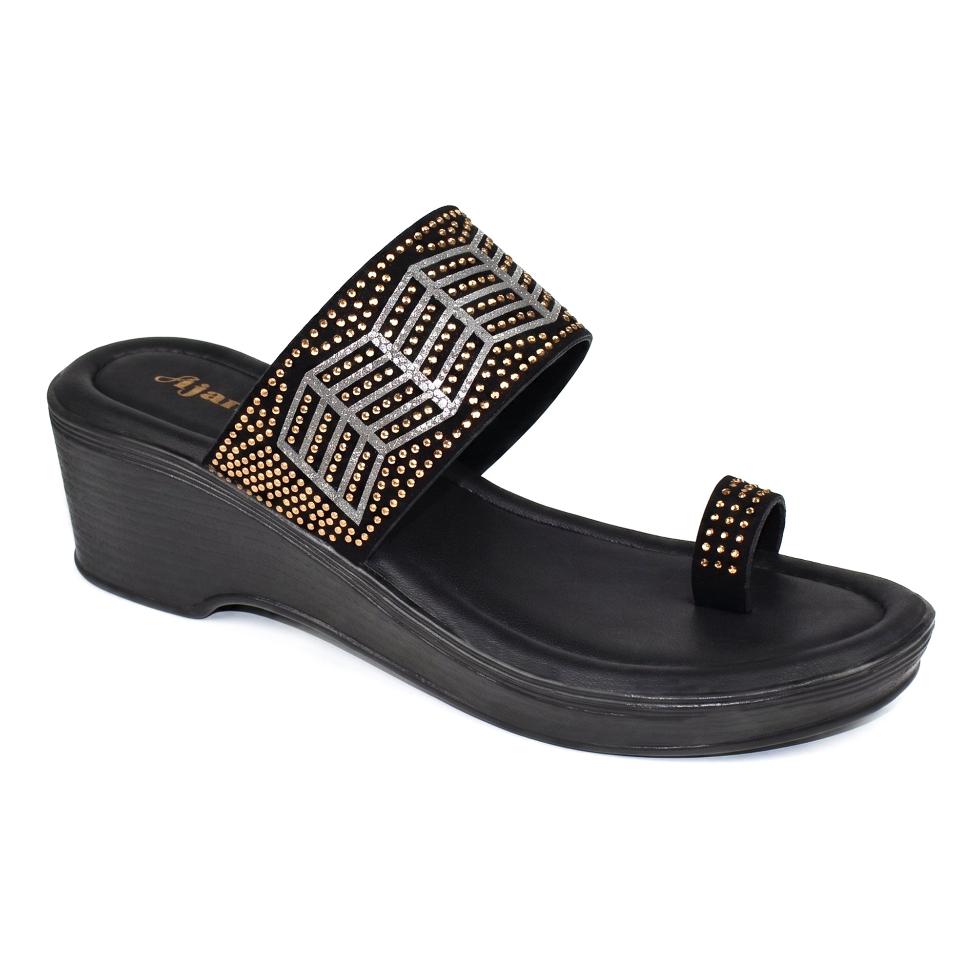 AJANTA Women Embellished Wedge Heel Sandals | Comfortable Slip-On Daily Wear Casual Footwear Black