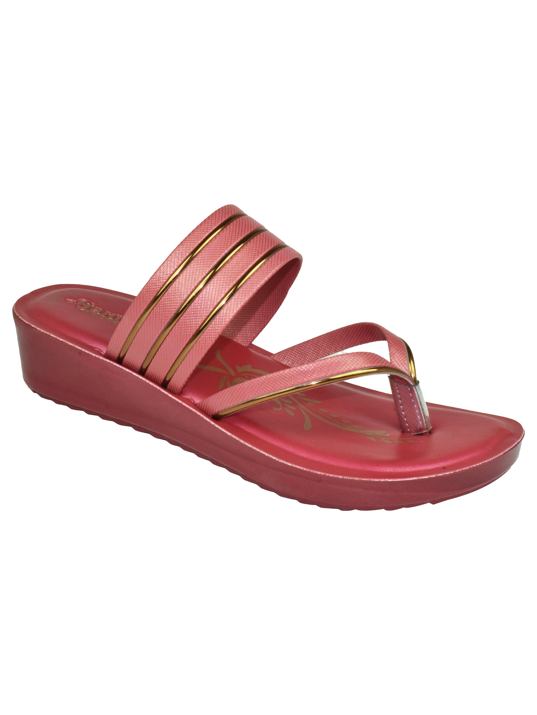 Ajanta Women’s Glossy Multi-Line Wedge Sandal with Toe Loop & Cushioned Footbed