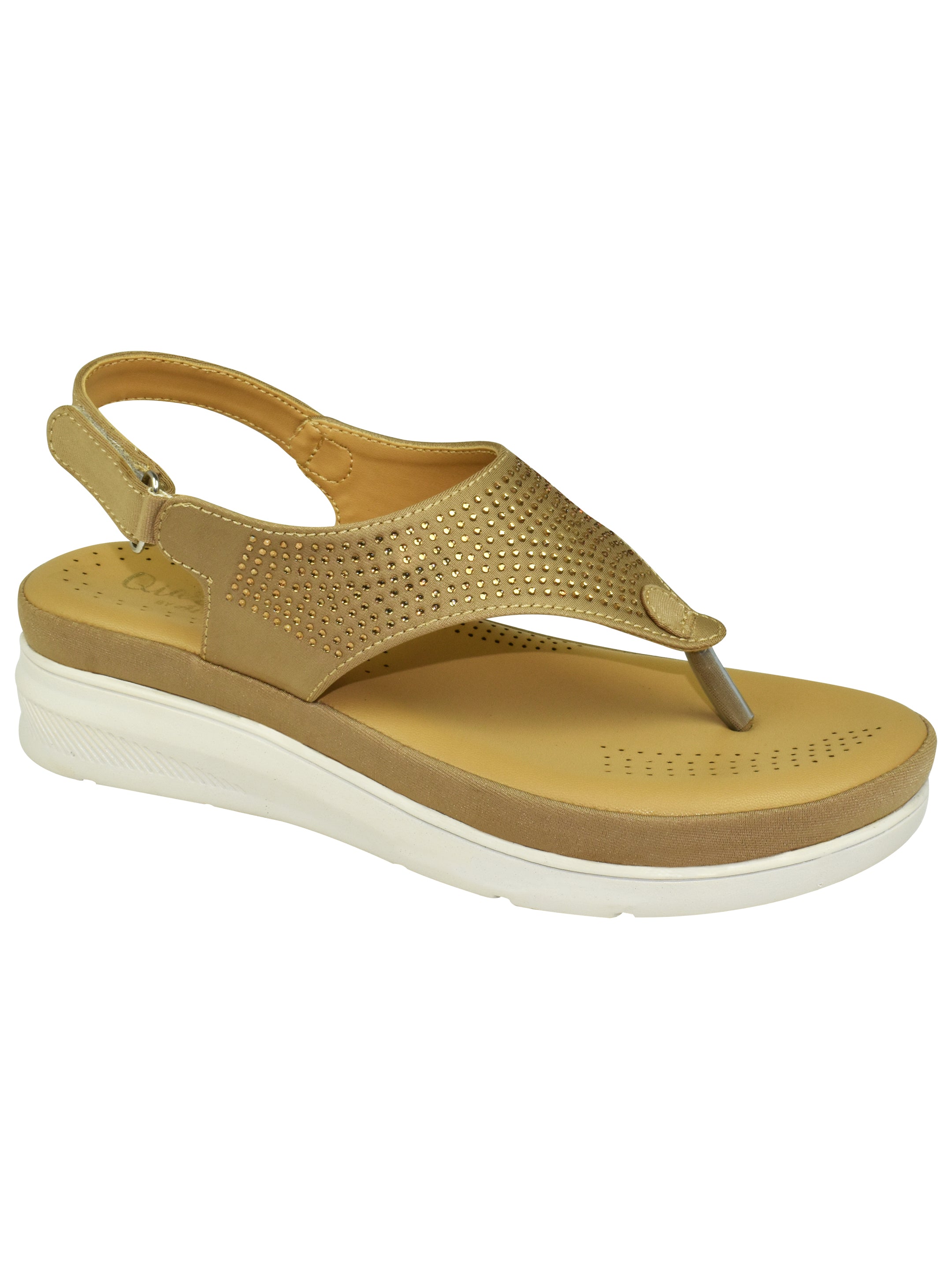 QIARRA Women's Beige Embellished Rexine Upper, Cushioned Insole, AirMax Sole & Buckle Closure Sandal LB0989