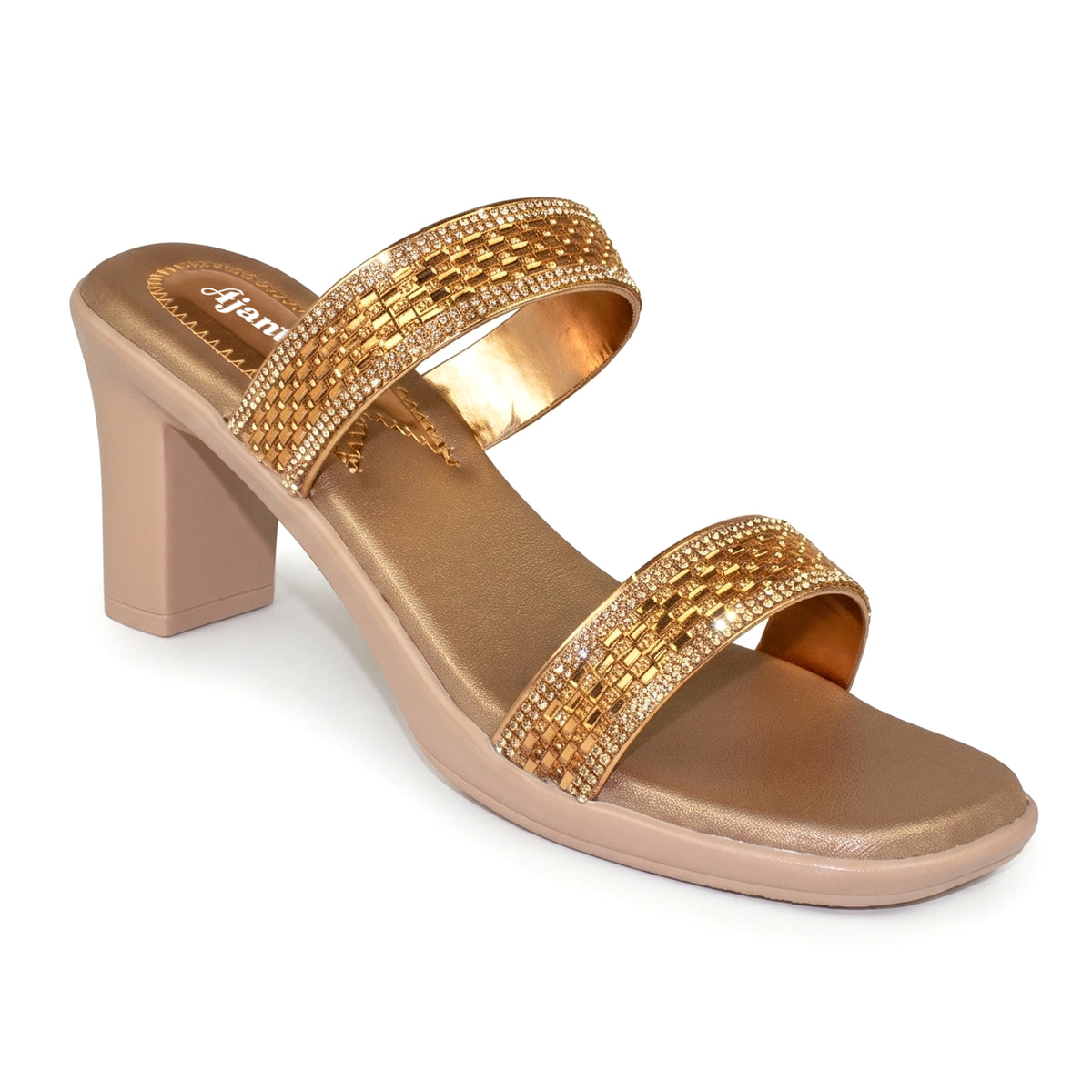 AJANTA Women’s Gold Heels Sandals | Embellished Rhinestone Stone Work Block Heel Sandals | Slip-On Open Toe Heels for Women | Fancy Wedding, Party, Festive, Ethnic & Occasion Wear Footwear