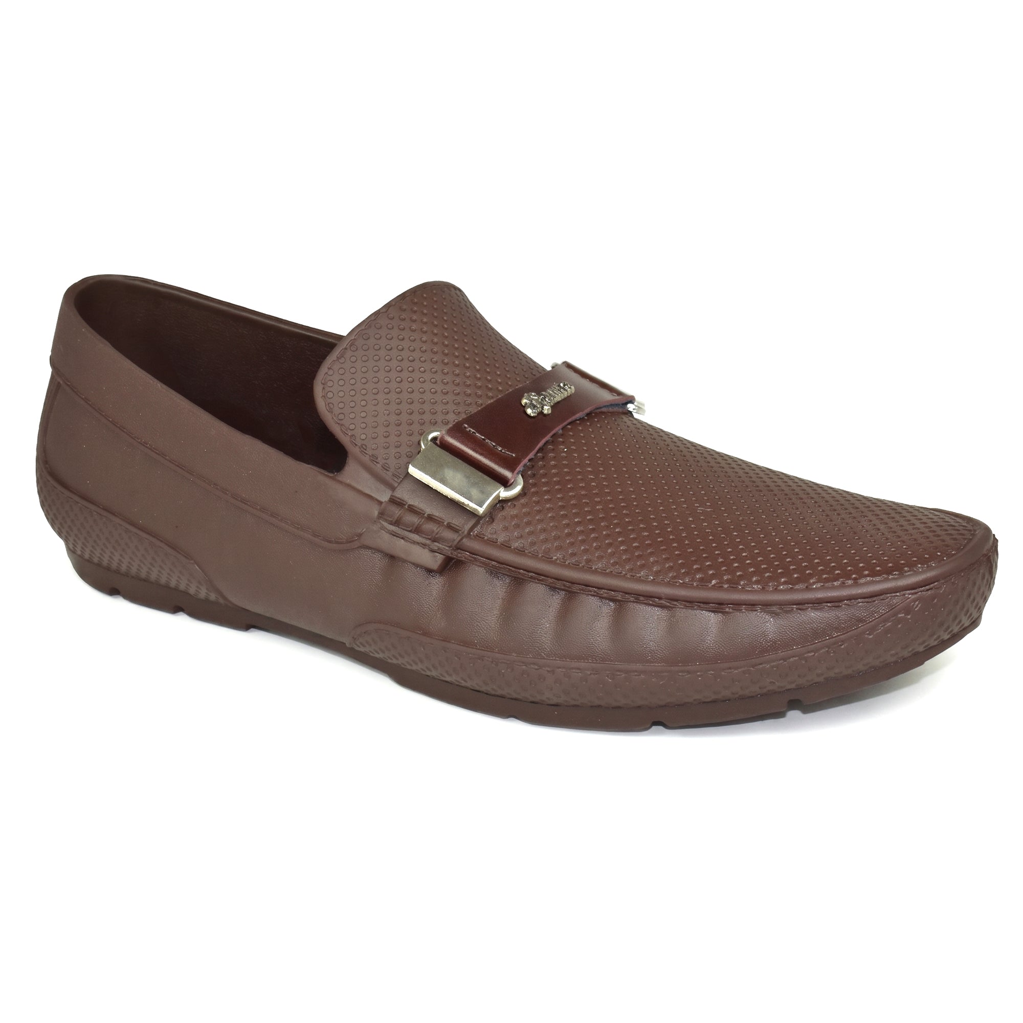 AJANTA PVC Loafers Monsoon Shoes for Men | Waterproof Slip Resistant Flexible Outsole | Lightweight Slip-On Embossed Metal Buckle Casual Rain Shoes for Office & Party Brown