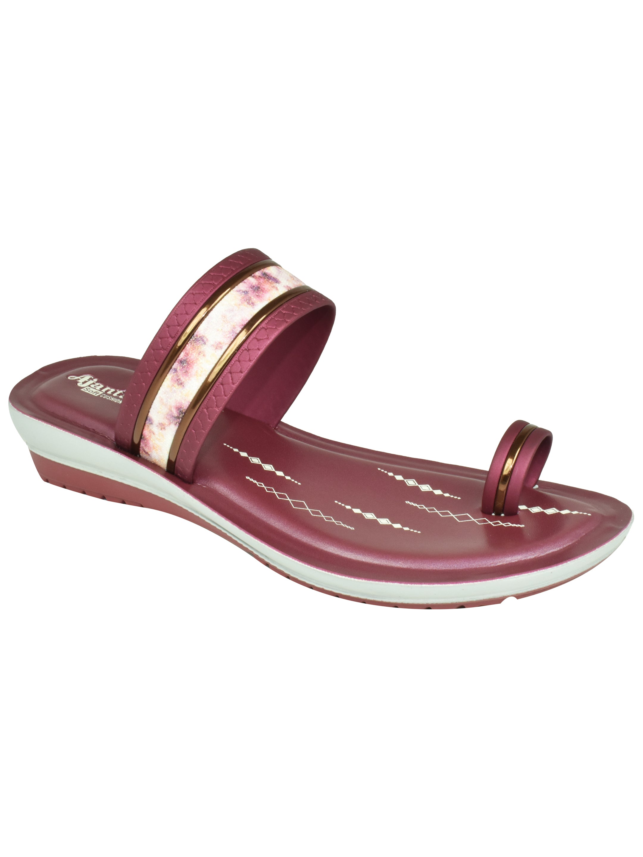 Ajanta Women’s Maroon Floral Dual-Strap Slip-On Sandal with Toe Loop & Cushioned Footbed