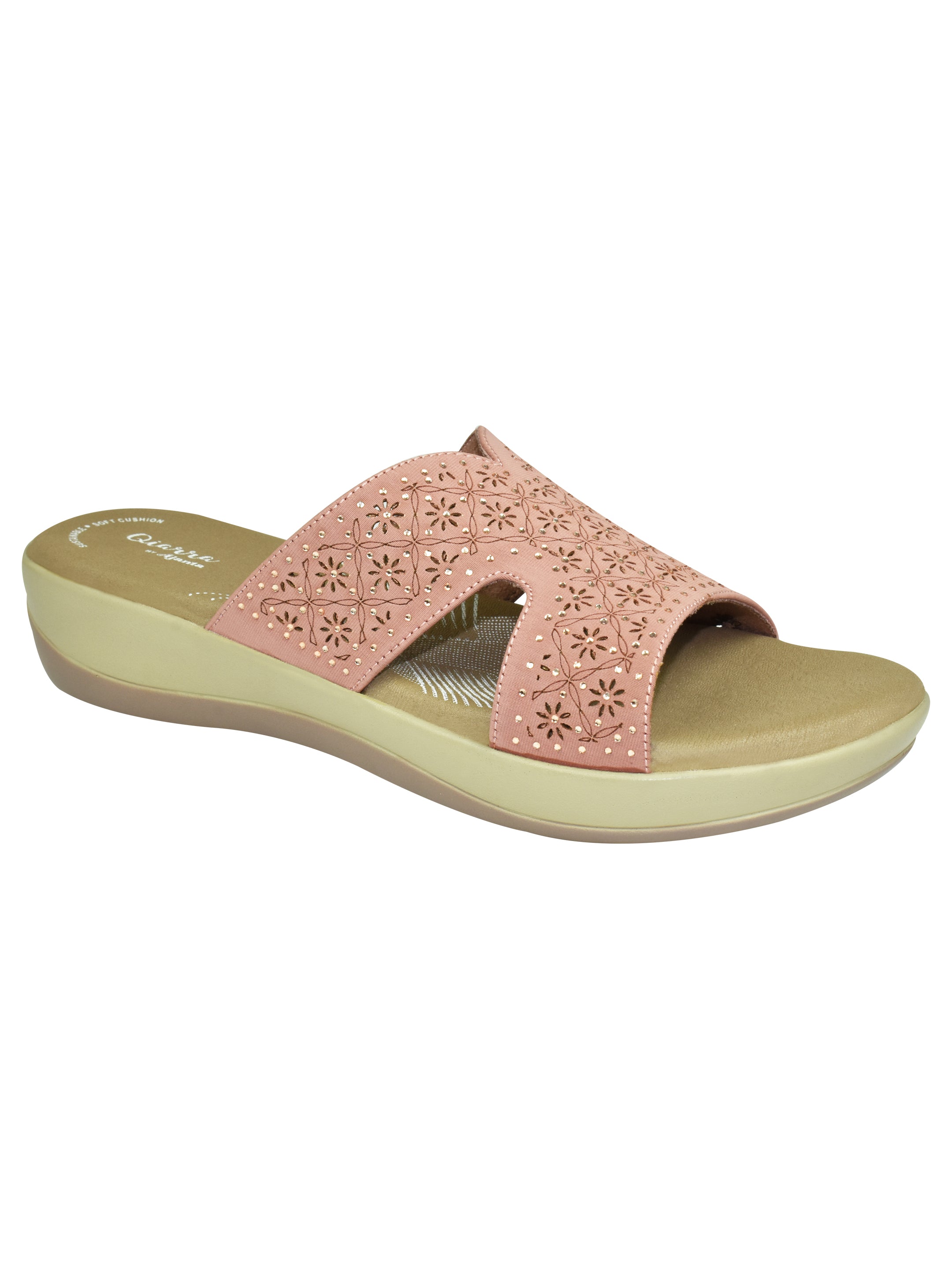 QIARRA Women's Pink  Embellished & Laser Cut Rexine Upper, Cushioned Insole, AirMax Sole Open Toe Sandal ML0900