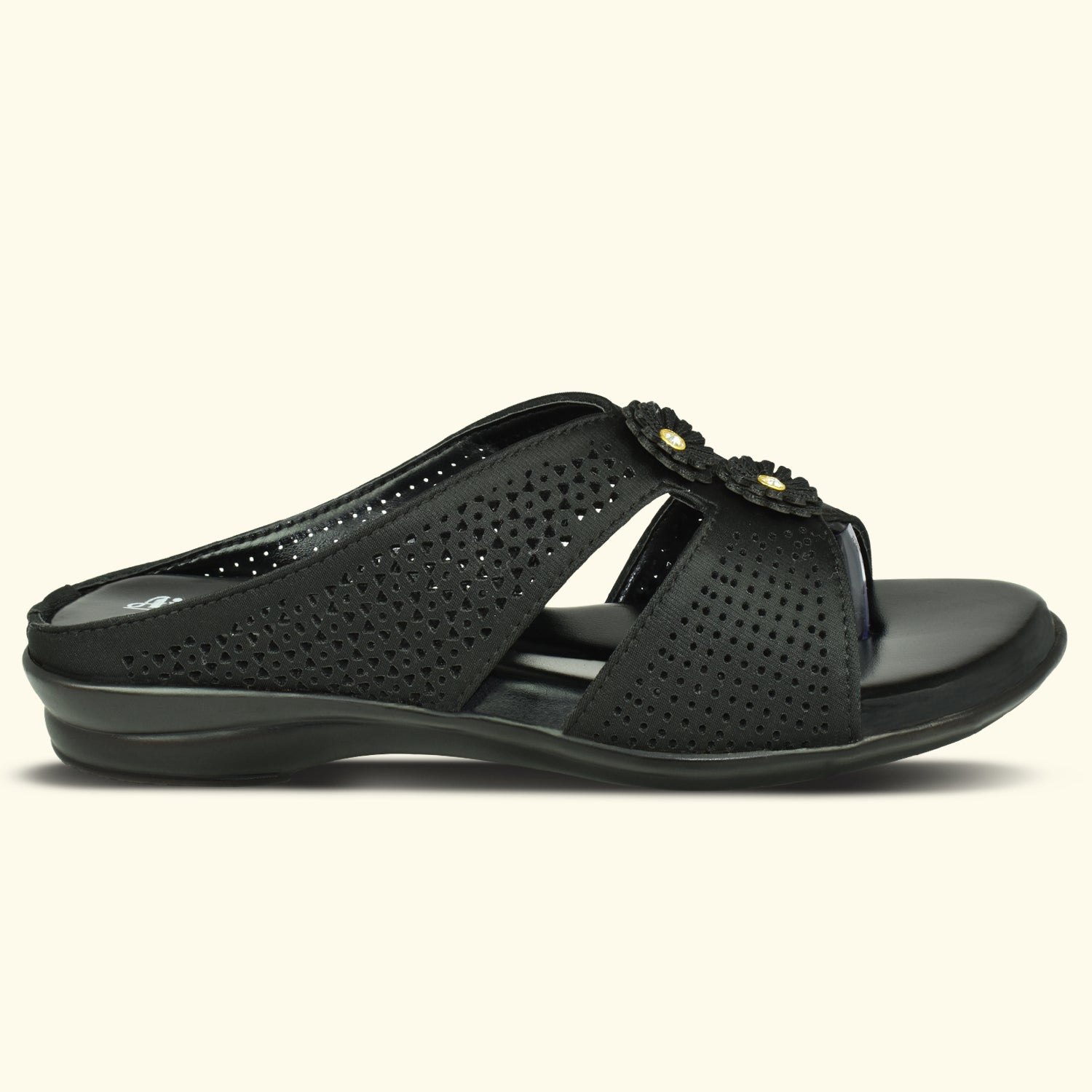 Ajanta Black Laser Cut Floral Upper Slip-on Flat Sandal for Women EL3025