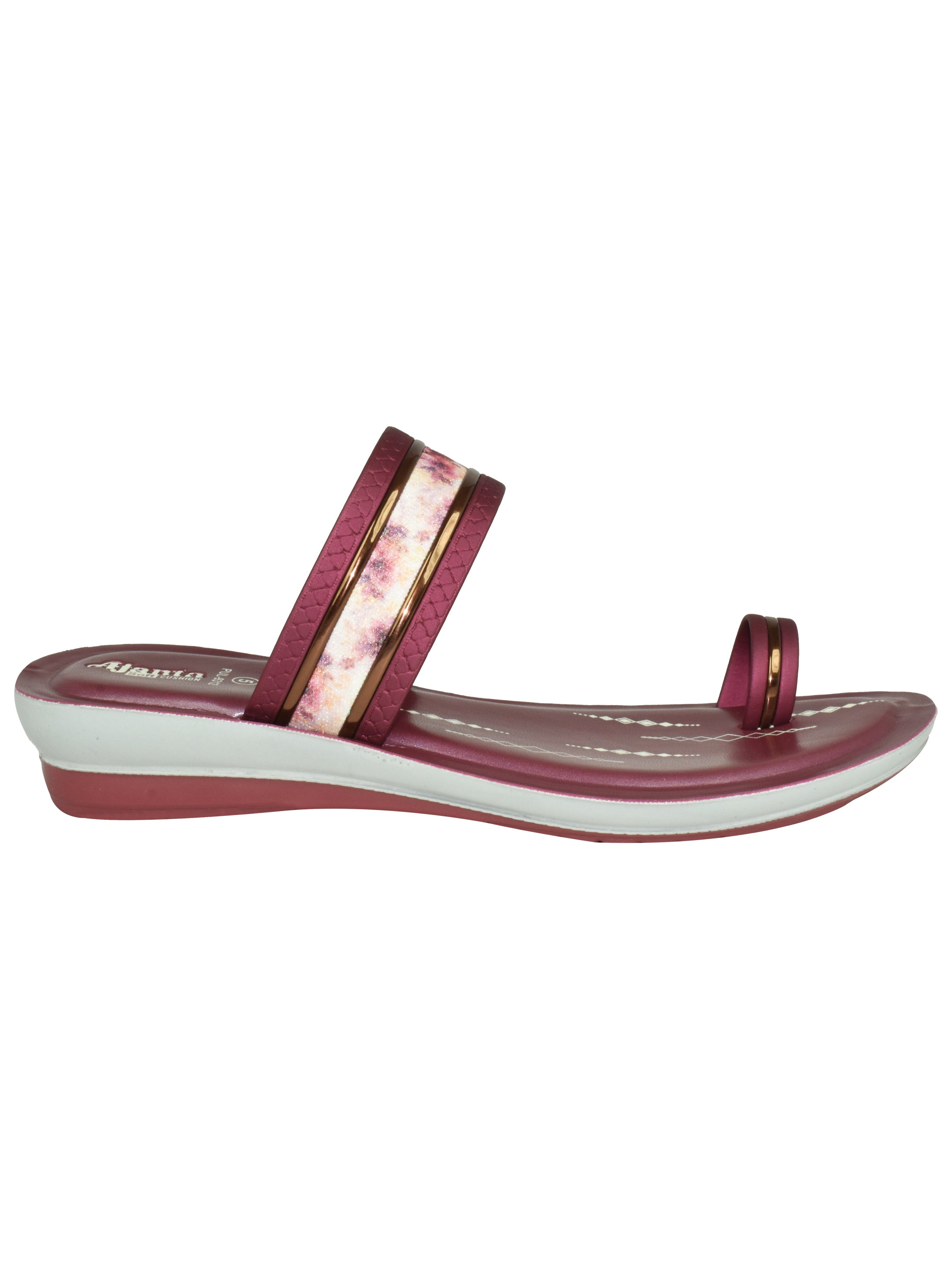 Ajanta Women’s Maroon Floral Dual-Strap Slip-On Sandal with Toe Loop & Cushioned Footbed