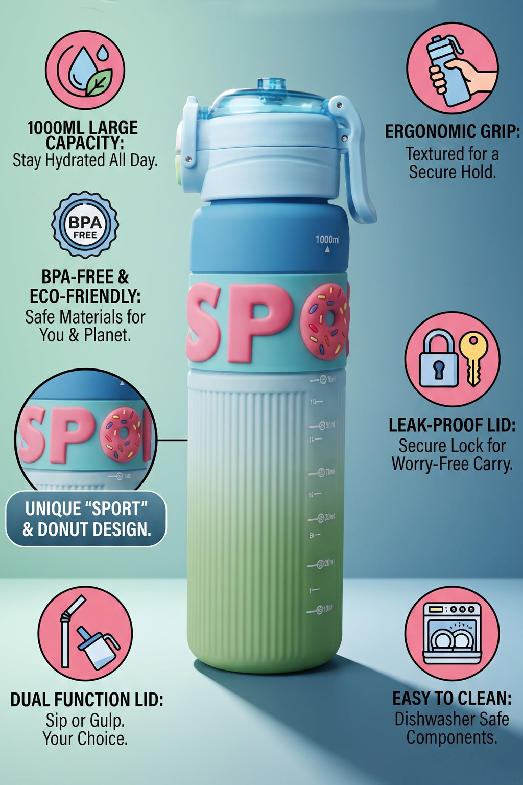 Ajanta Sports Water Bottle with Straw 1000ml | BPA Free Plastic Leakproof Sipper Bottle | One Click Flip Top Lid with Safety Lock & Carry Handle | Time Marker for Gym, Workout, School, Office, Fitness, Travel & Outdoor For Kids, Women & Men