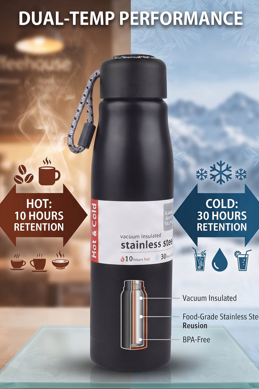 AJANTA Vacuum Insulated Stainless Steel Water Bottle 550 ml | Double Wall Thermos Flask | Leakproof, BPA Free | Keeps Hot 10 Hrs & Cold 30 Hrs | Office, School, Gym, Travel