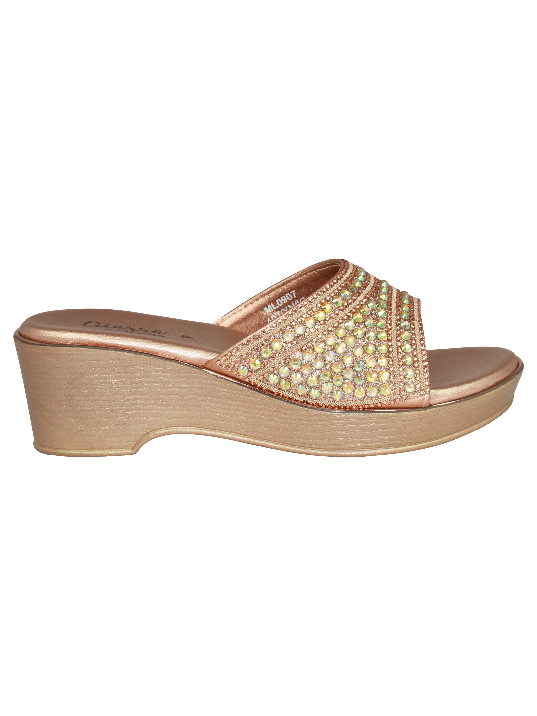 QIARRA Women's Bronze Stone Embellished Rexine Upper, Cushioned Insole PVC Sole Open Toe Mule Wedge Sandal ML0907