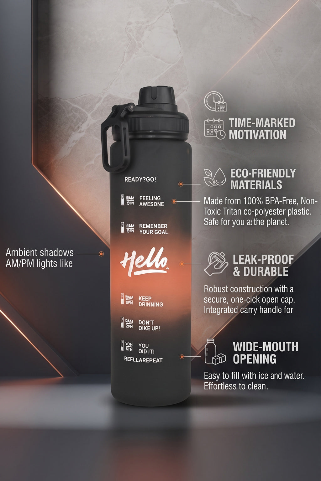 Ajanta 1L Motivational Sports Water Bottle | BPA Free Food Grade Plastic Leakproof Sports Sipper Bottle | Screw Lid with Carry Handle Time Marker Reusable Water Bottle for Gym, Office, School & Travel