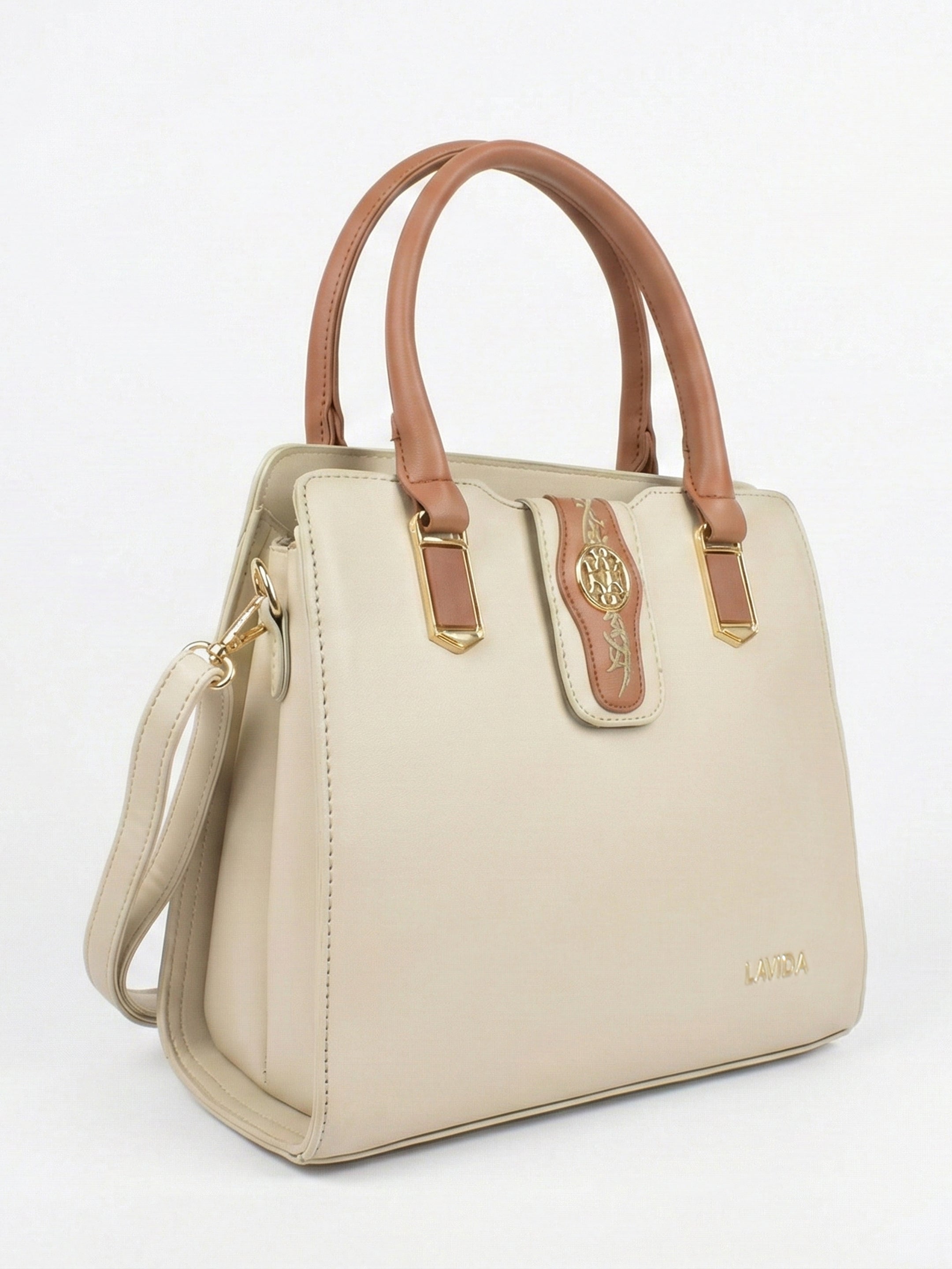 Ajanta Women’s Stylish Satchel Cream Handbag with Detachable Sling Strap