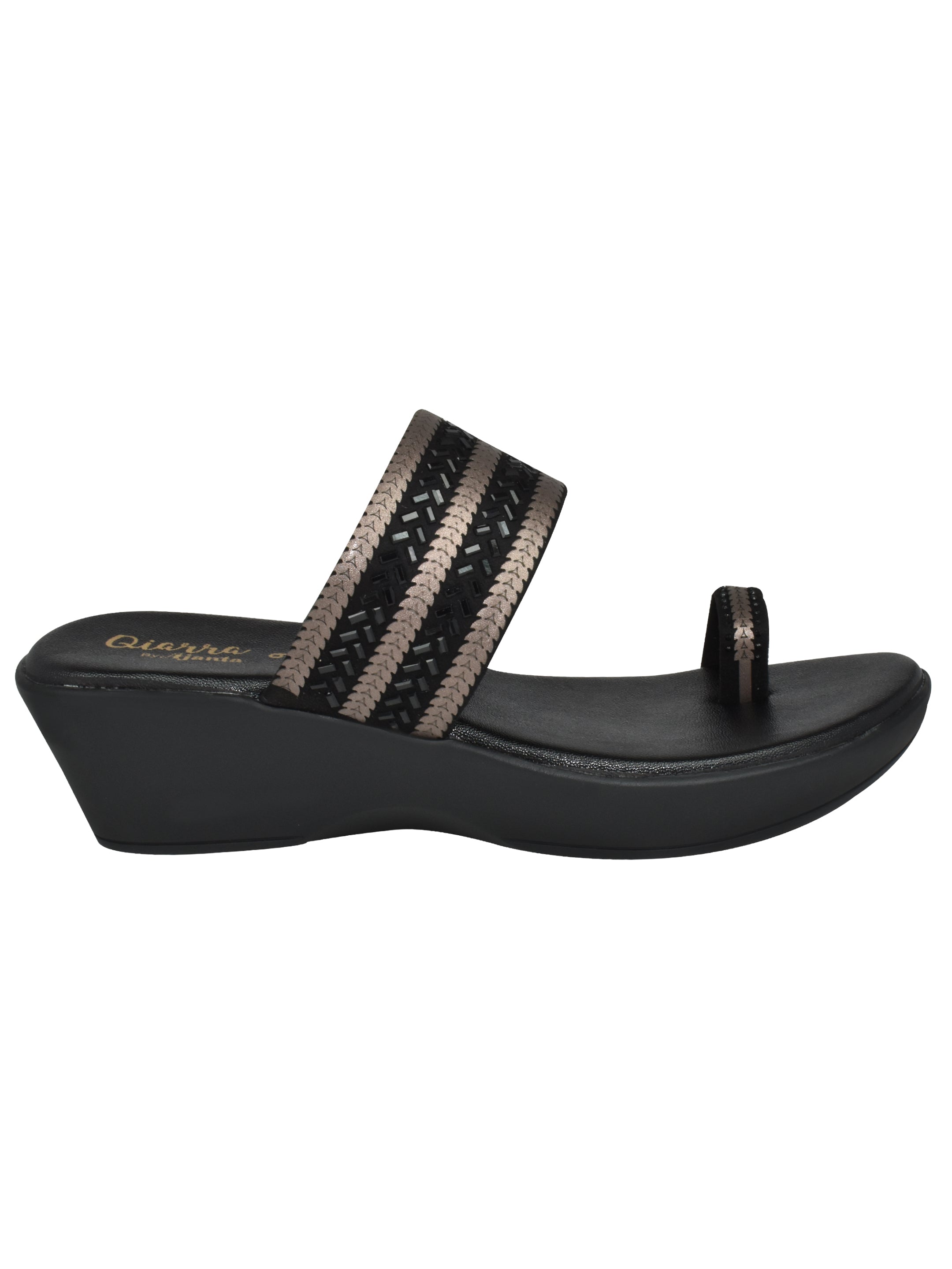 QIARRA Women's Black Embellished Rexine Upper, Cushioned Insole & AirMax Sole Toe Ring Wedge Sandal CL0925