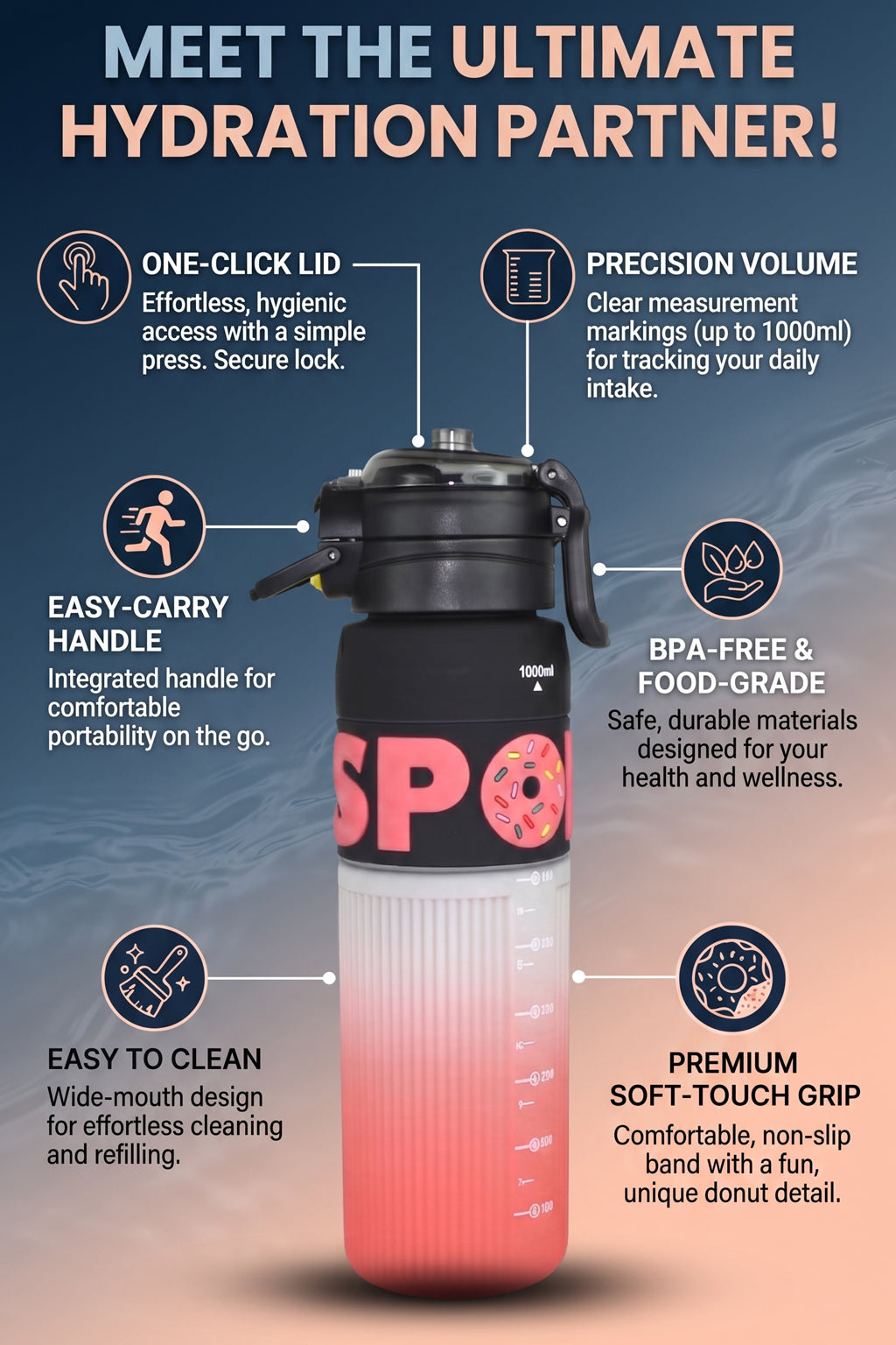 Ajanta Sports Water Bottle with Straw 1000ml | BPA Free Plastic Leakproof Sipper Bottle | One Click Flip Top Lid with Safety Lock & Carry Handle | Time Marker for Gym, Workout, School, Office, Fitness, Travel & Outdoor For Kids, Women & Men