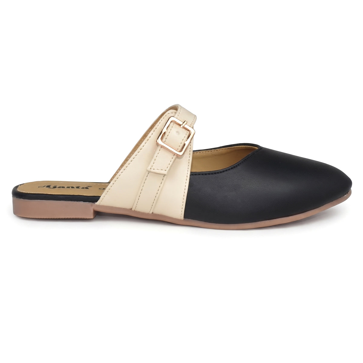 AJANTA Dual-Tone Classique Women’s Pointed Toe Mules | Stylish Flat Buckled Backless Ladies Half Shoes | Comfortable Two-Tone Formal Loafer Slides & Party, Office Wear Flats | Casual Jutti Style Footwear