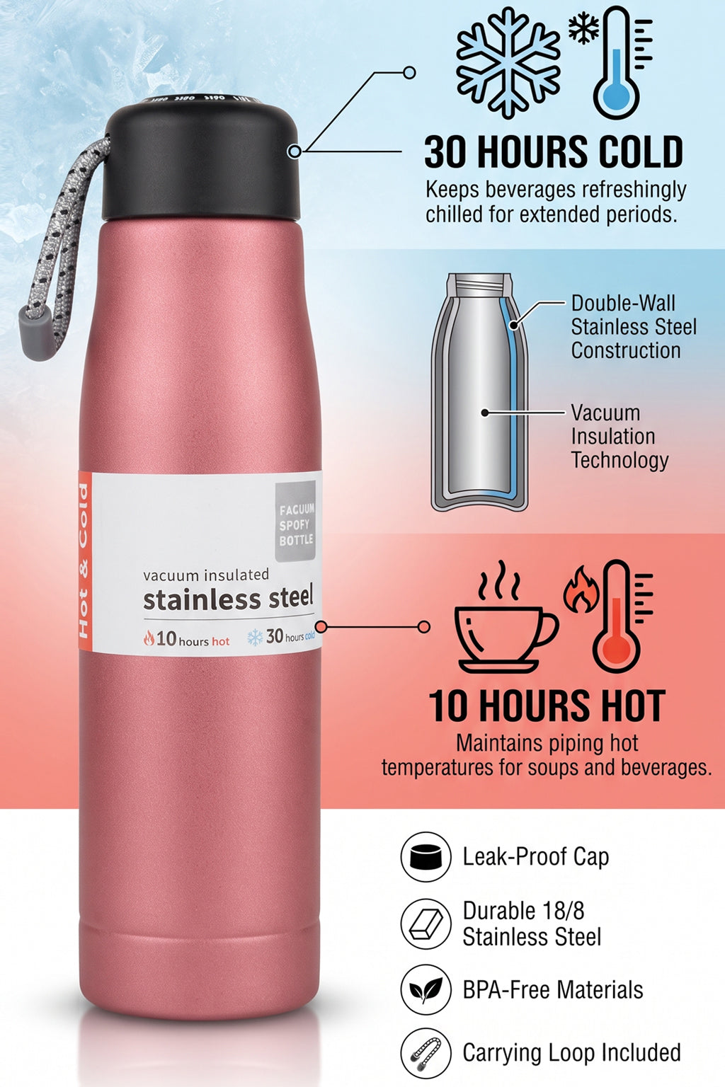 AJANTA Vacuum Insulated Stainless Steel Water Bottle 550 ml | Double Wall Thermos Flask | Leakproof, BPA Free | Keeps Hot 10 Hrs & Cold 30 Hrs | Office, School, Gym, Travel