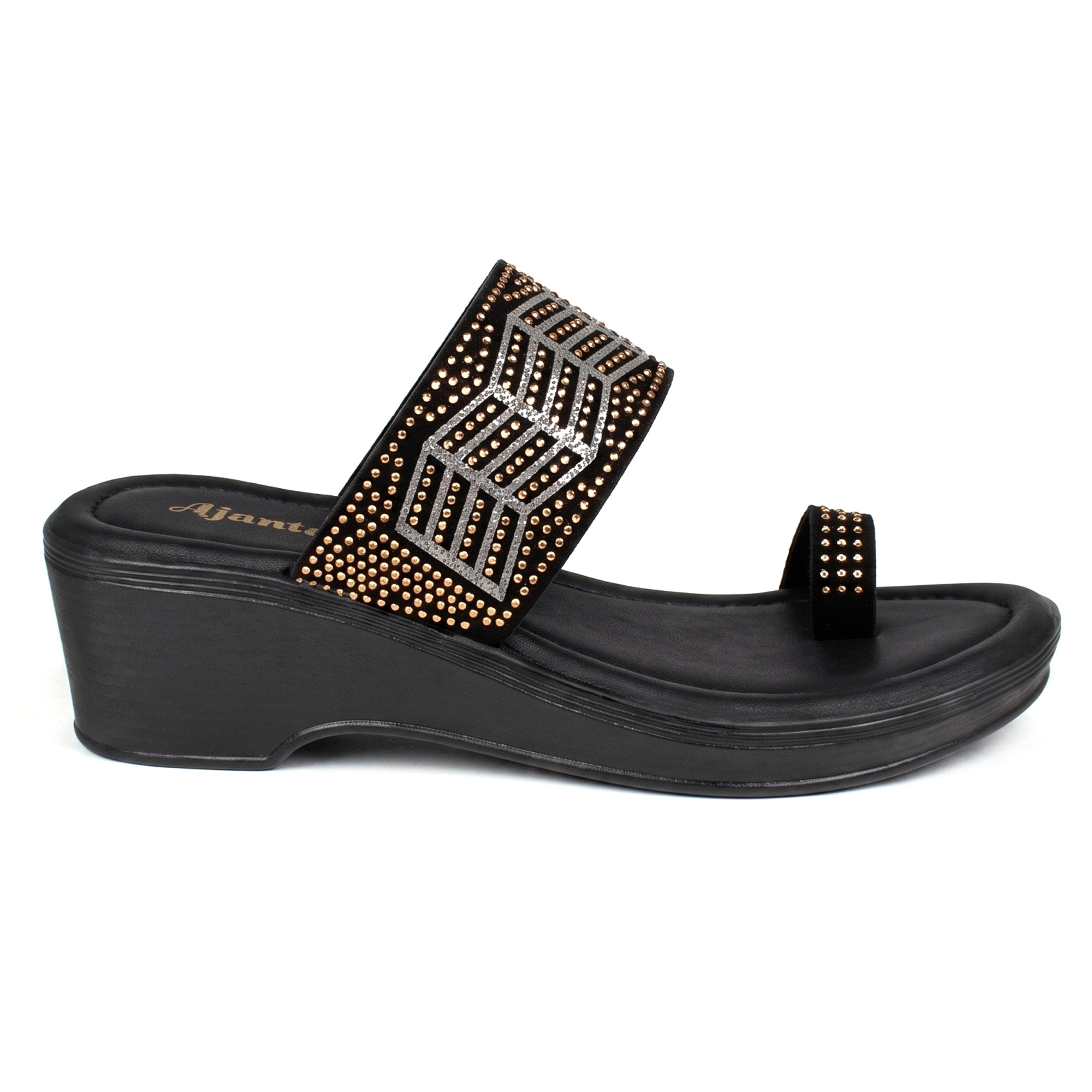 AJANTA Women Embellished Wedge Heel Sandals | Comfortable Slip-On Daily Wear Casual Footwear Black