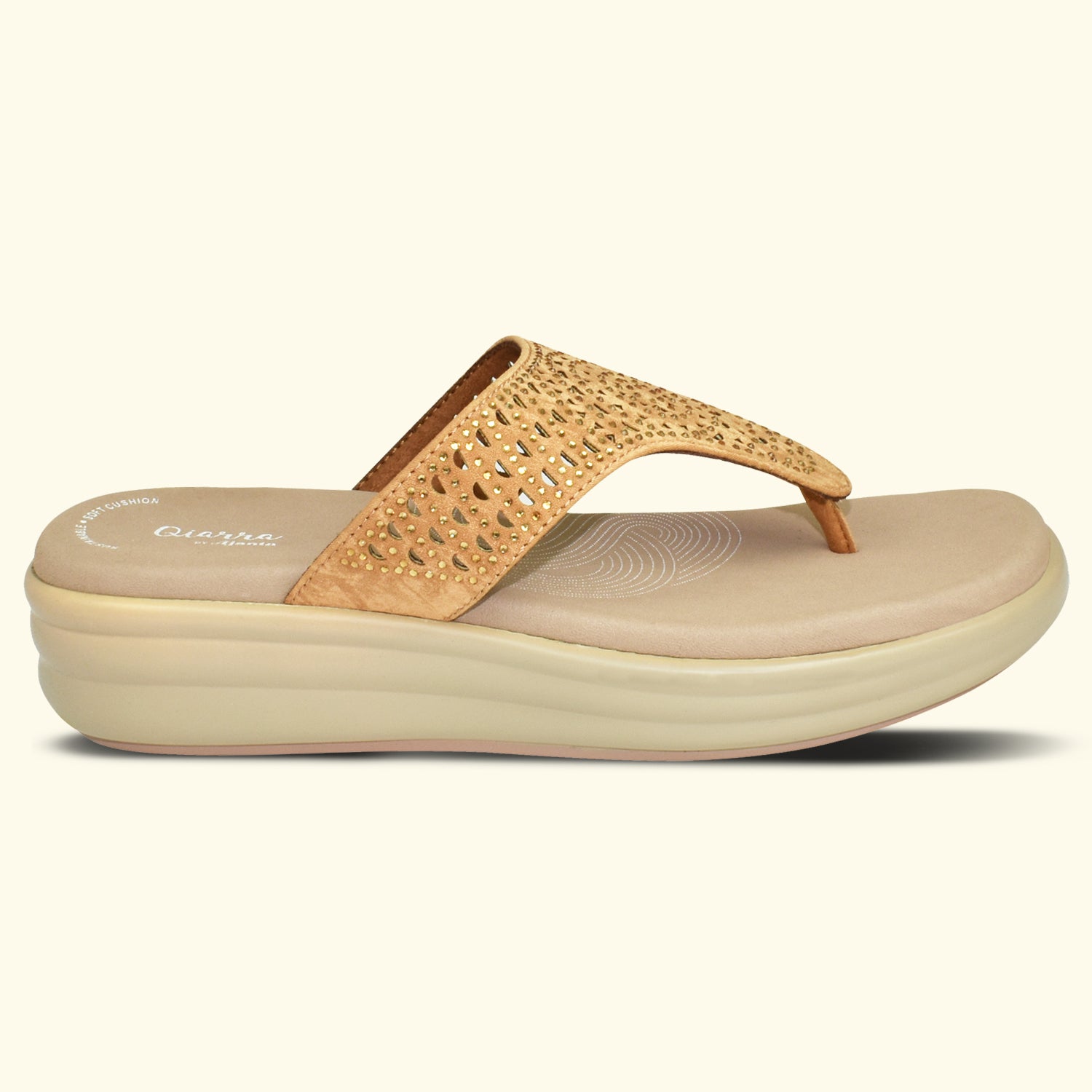 Qiarra Beige T-Strap Laser Cut Synthetic Upper Wedge Sandal for Women EL1056