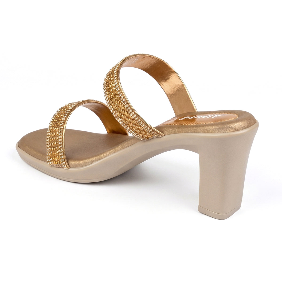 AJANTA Women’s Gold Heels Sandals | Embellished Rhinestone Stone Work Block Heel Sandals | Slip-On Open Toe Heels for Women | Fancy Wedding, Party, Festive, Ethnic & Occasion Wear Footwear