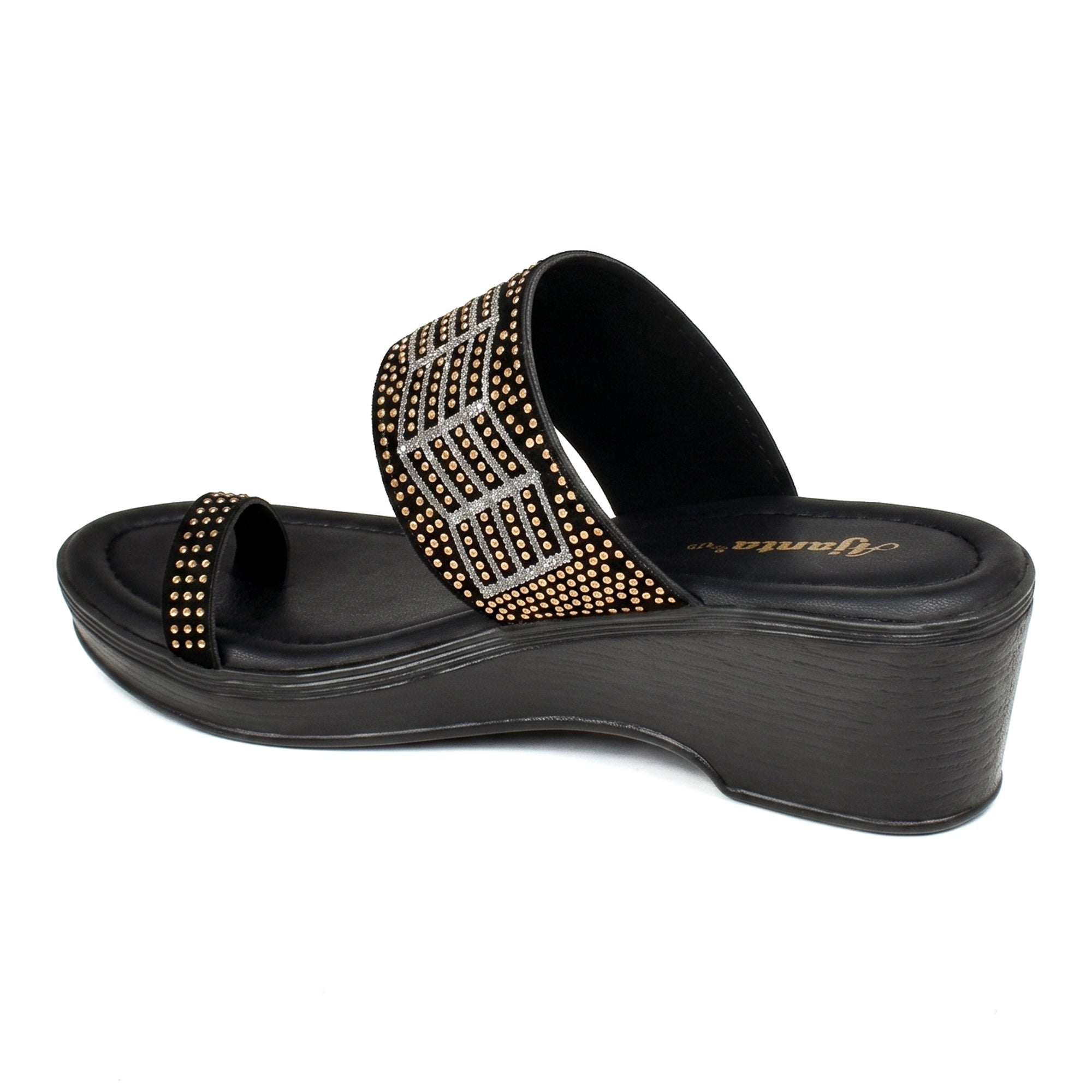 AJANTA Women Embellished Wedge Heel Sandals | Comfortable Slip-On Daily Wear Casual Footwear Black