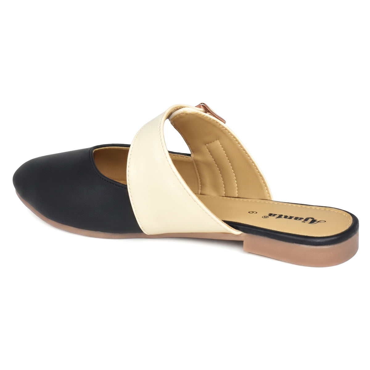 AJANTA Dual-Tone Classique Women’s Pointed Toe Mules | Stylish Flat Buckled Backless Ladies Half Shoes | Comfortable Two-Tone Formal Loafer Slides & Party, Office Wear Flats | Casual Jutti Style Footwear