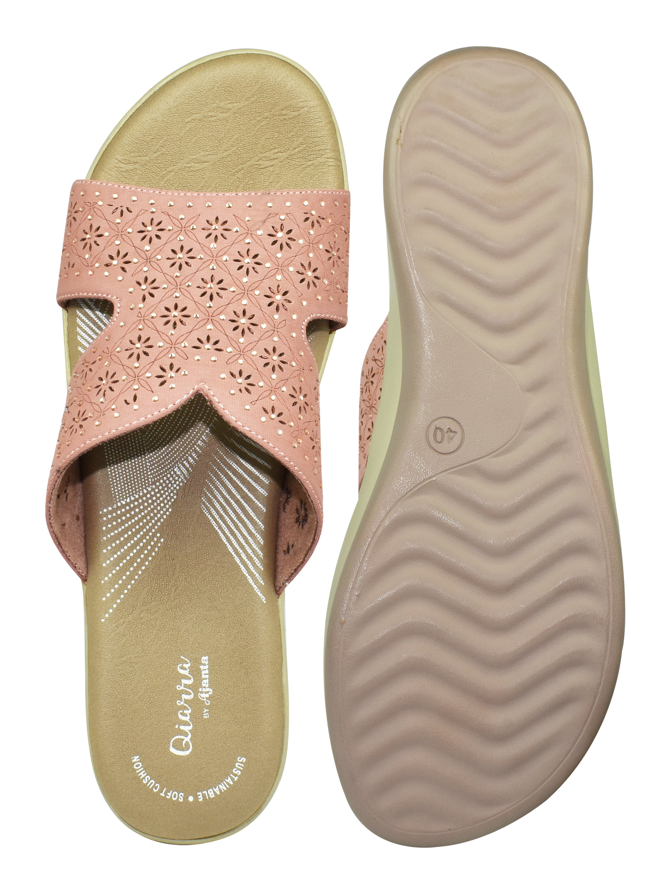 QIARRA Women's Pink  Embellished & Laser Cut Rexine Upper, Cushioned Insole, AirMax Sole Open Toe Sandal ML0900