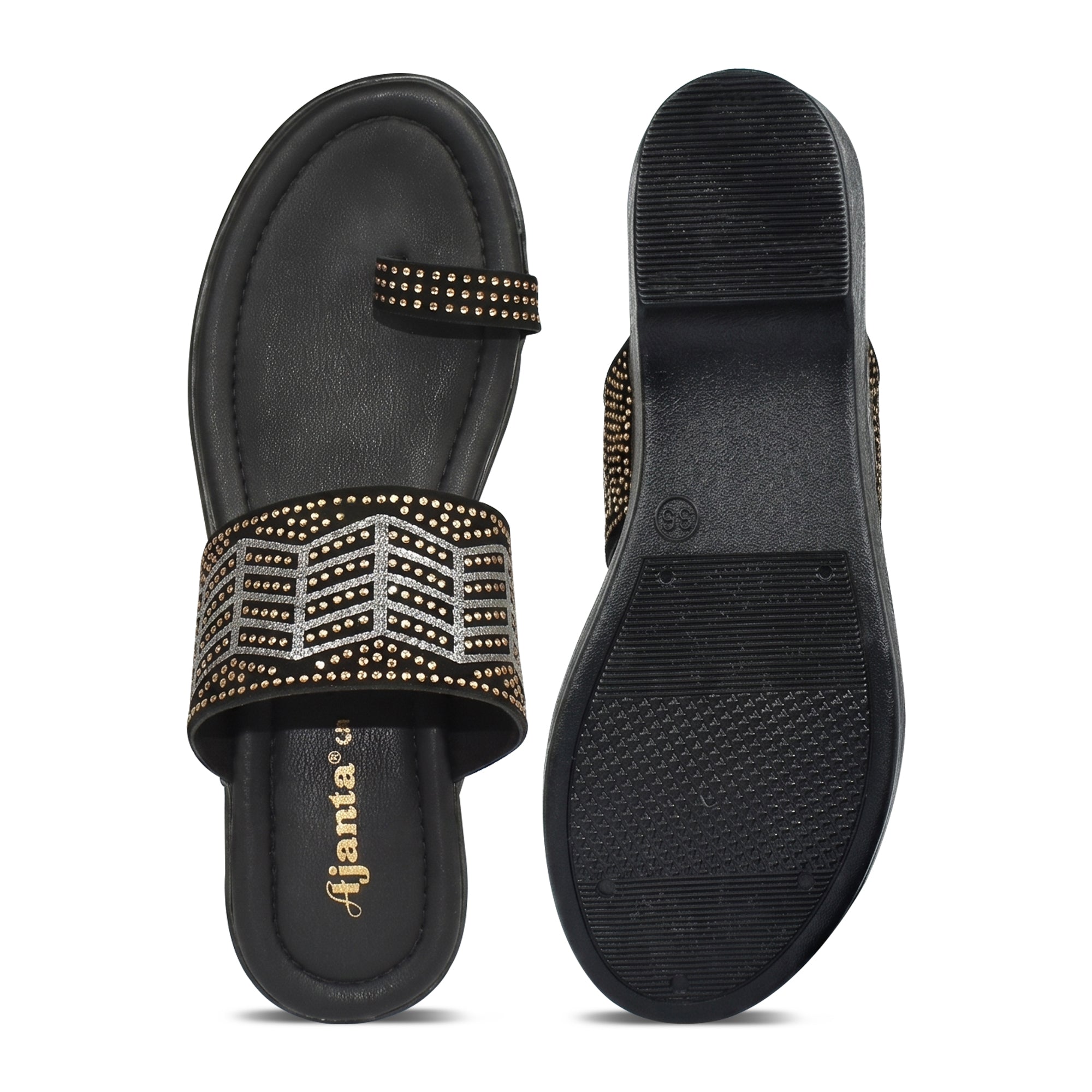 AJANTA Women Embellished Wedge Heel Sandals | Comfortable Slip-On Daily Wear Casual Footwear Black