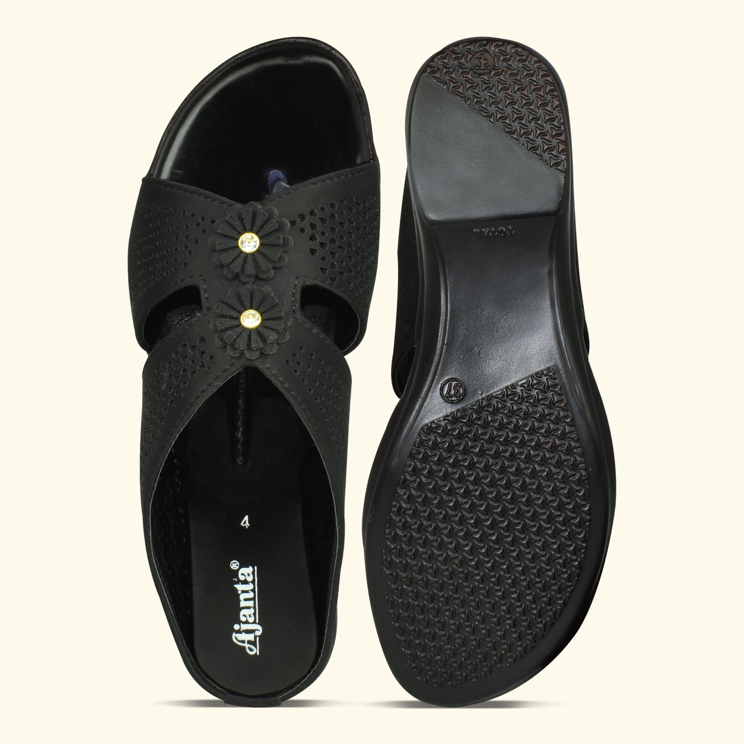 Ajanta Black Laser Cut Floral Upper Slip-on Flat Sandal for Women EL3025