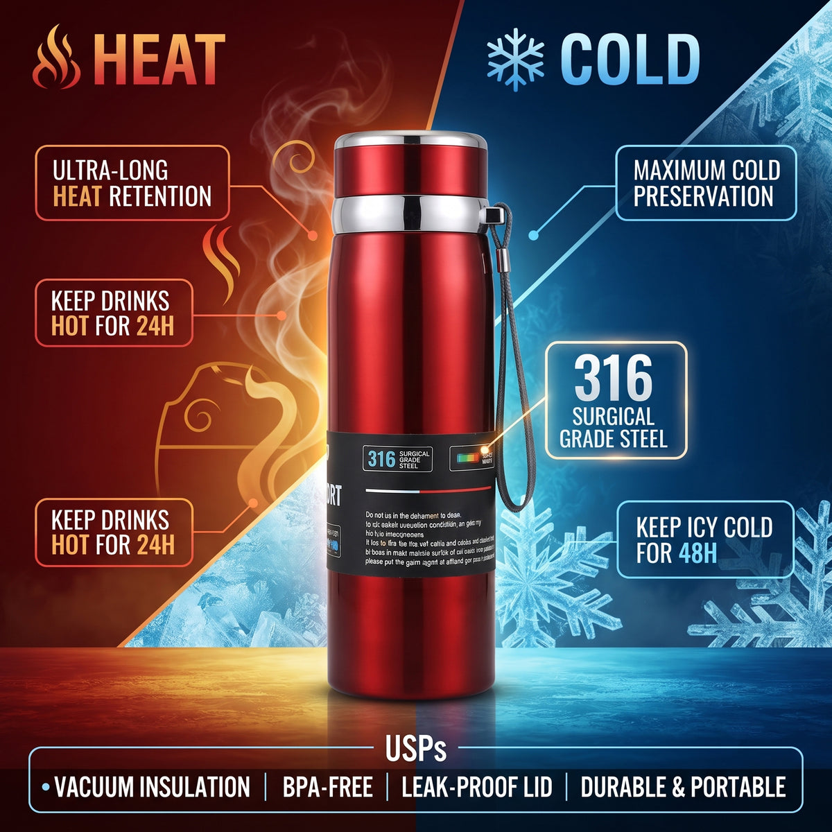 AJANTA 1000ml Stainless Steel Thermal Water Bottle | 316 Surgical Grade Steel High Vacuum Flask | Double Wall Insulated Bottle | 12H Hot & 48H Cold Retention | Leak Proof Lid with Carry Strap & Inner Strainer Drinking Bottle For Office, Travel, Outing