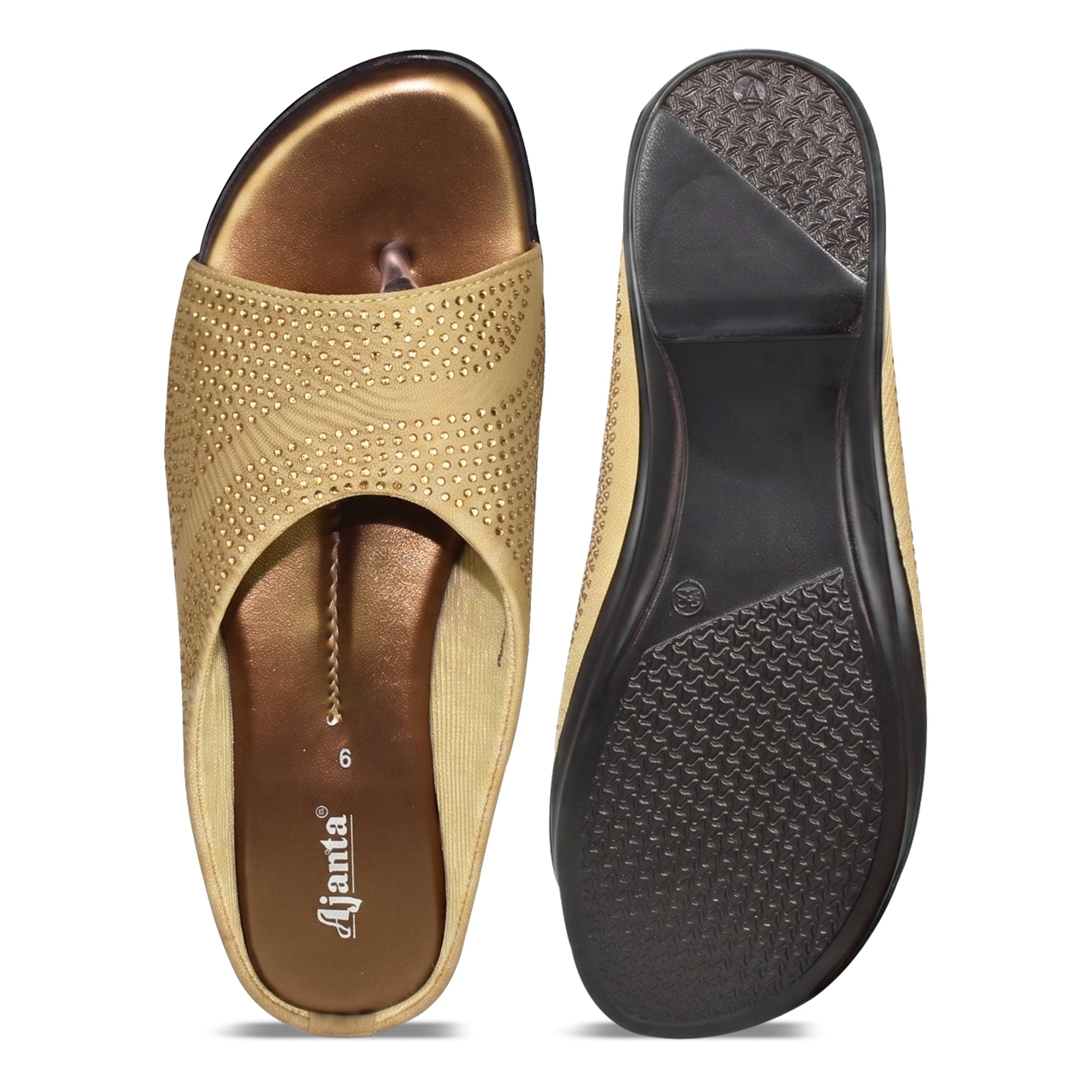 AJANTA Rhinestone Embellished Wedge Sandal for Women | Ethnic Toe Post Slip-On Casual Sandal | Girls  Comfortable Heel Sandal | Lightweight Footwear For Occasions, Party, Festive, Office, Travel