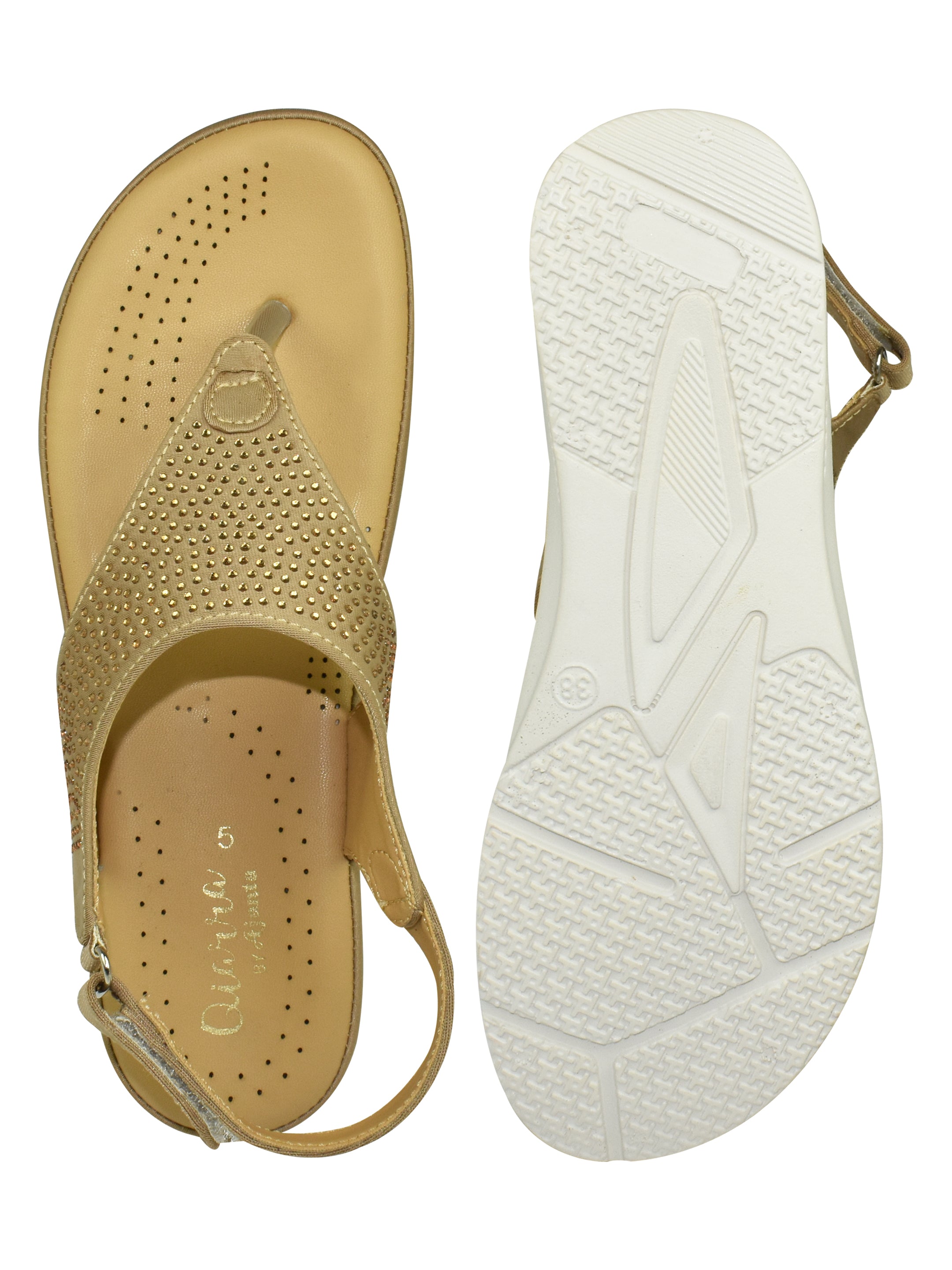 QIARRA Women's Beige Embellished Rexine Upper, Cushioned Insole, AirMax Sole & Buckle Closure Sandal LB0989