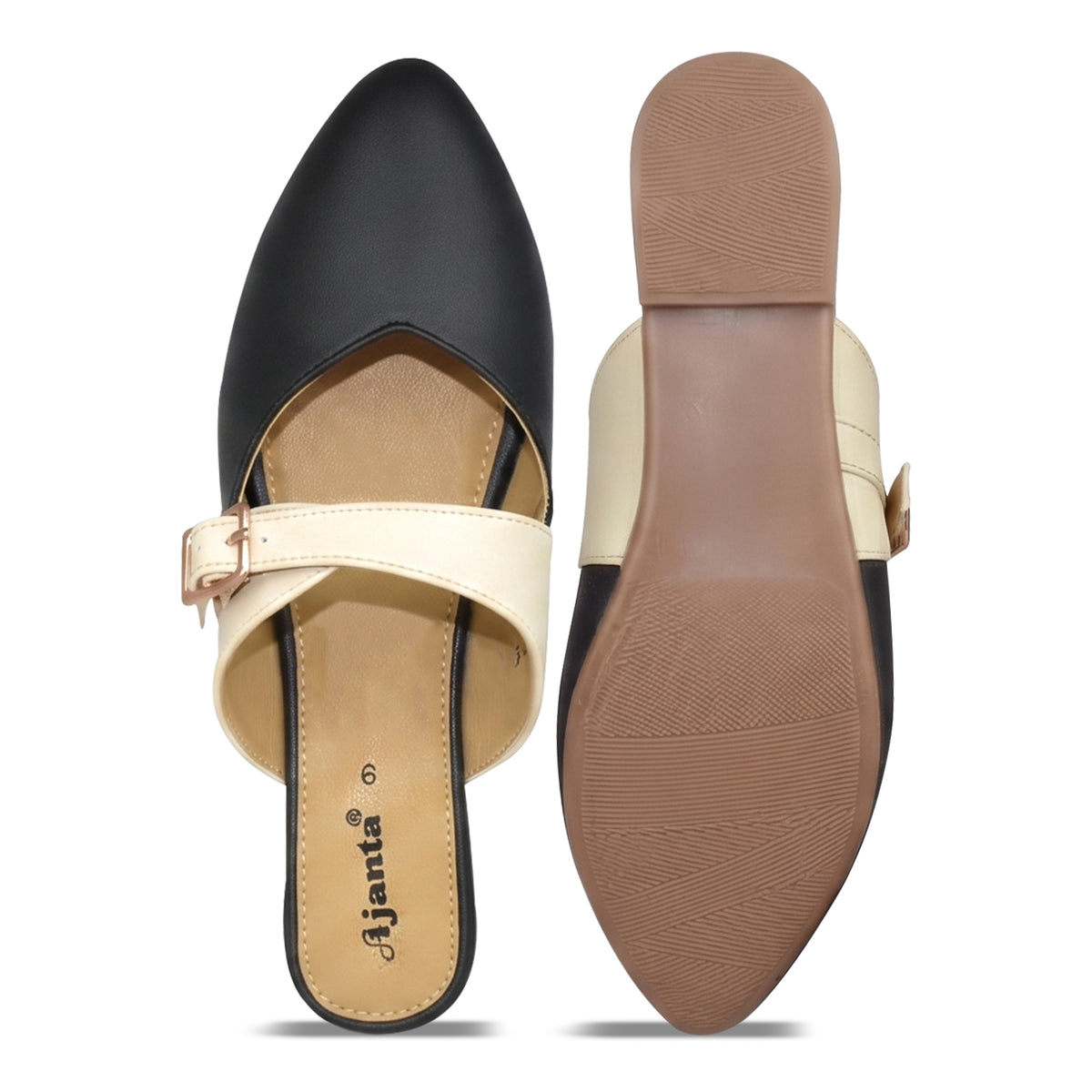 AJANTA Dual-Tone Classique Women’s Pointed Toe Mules | Stylish Flat Buckled Backless Ladies Half Shoes | Comfortable Two-Tone Formal Loafer Slides & Party, Office Wear Flats | Casual Jutti Style Footwear
