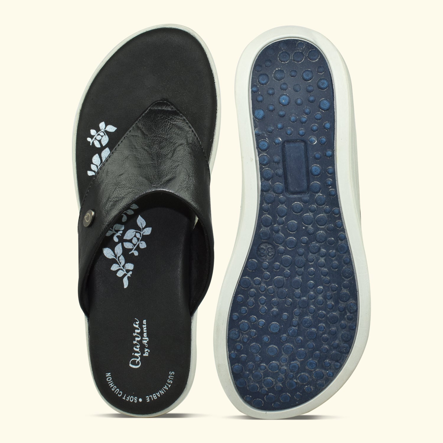 Qiarra Black Thong Style Floral Printed Cushioned Footbed Sandal for Women EL1059