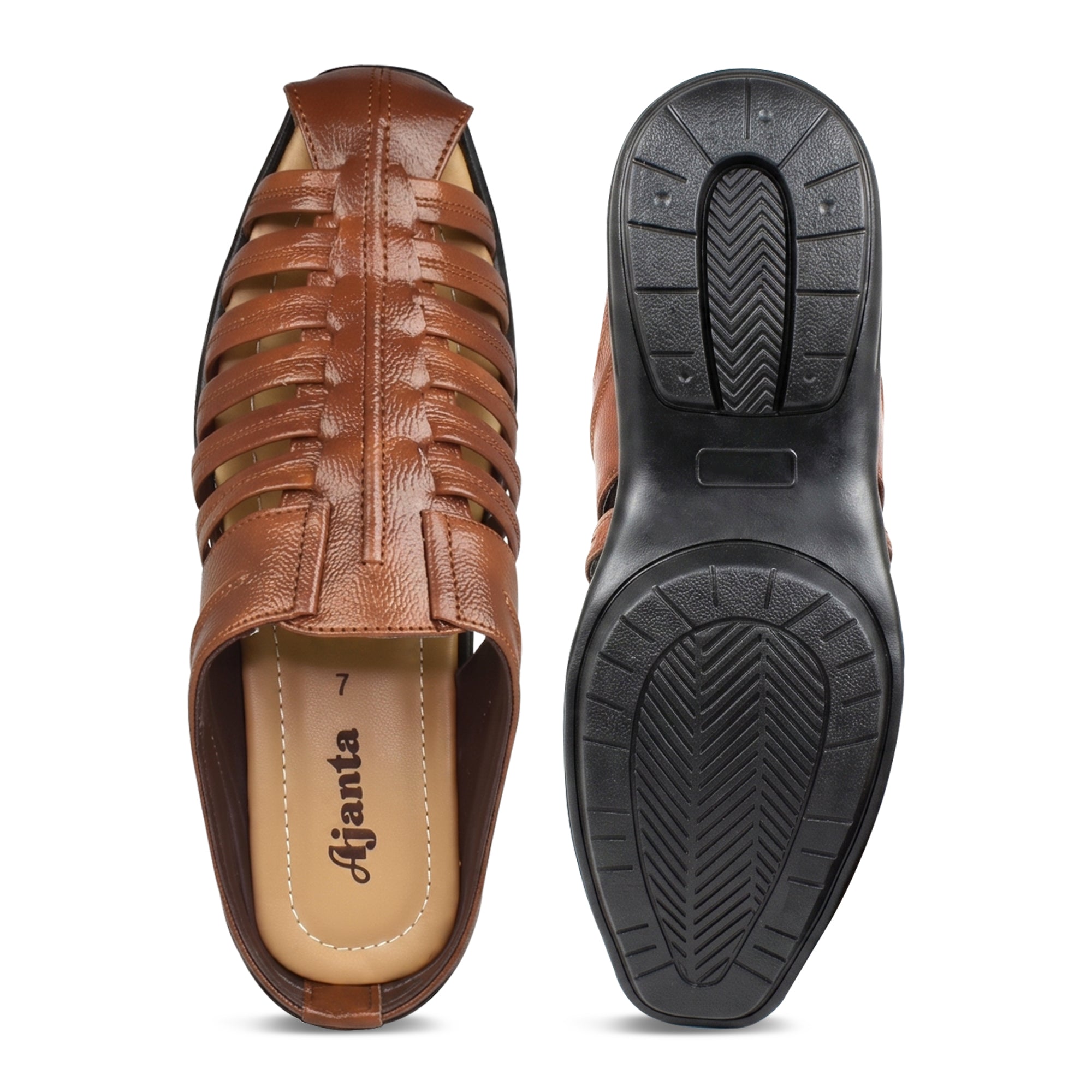 AJANTA Men's Premium Fisherman Sandals | Closed Toe Slip-On Casual Sandals | Lightweight Anti-Skid Comfortable, Breathable, Cushioned Grip Insole & Flexible Walking Sandals | Back Open Leather Look Daily Wear Office, Travel, Outdoor & Ethnic Puja Footwear