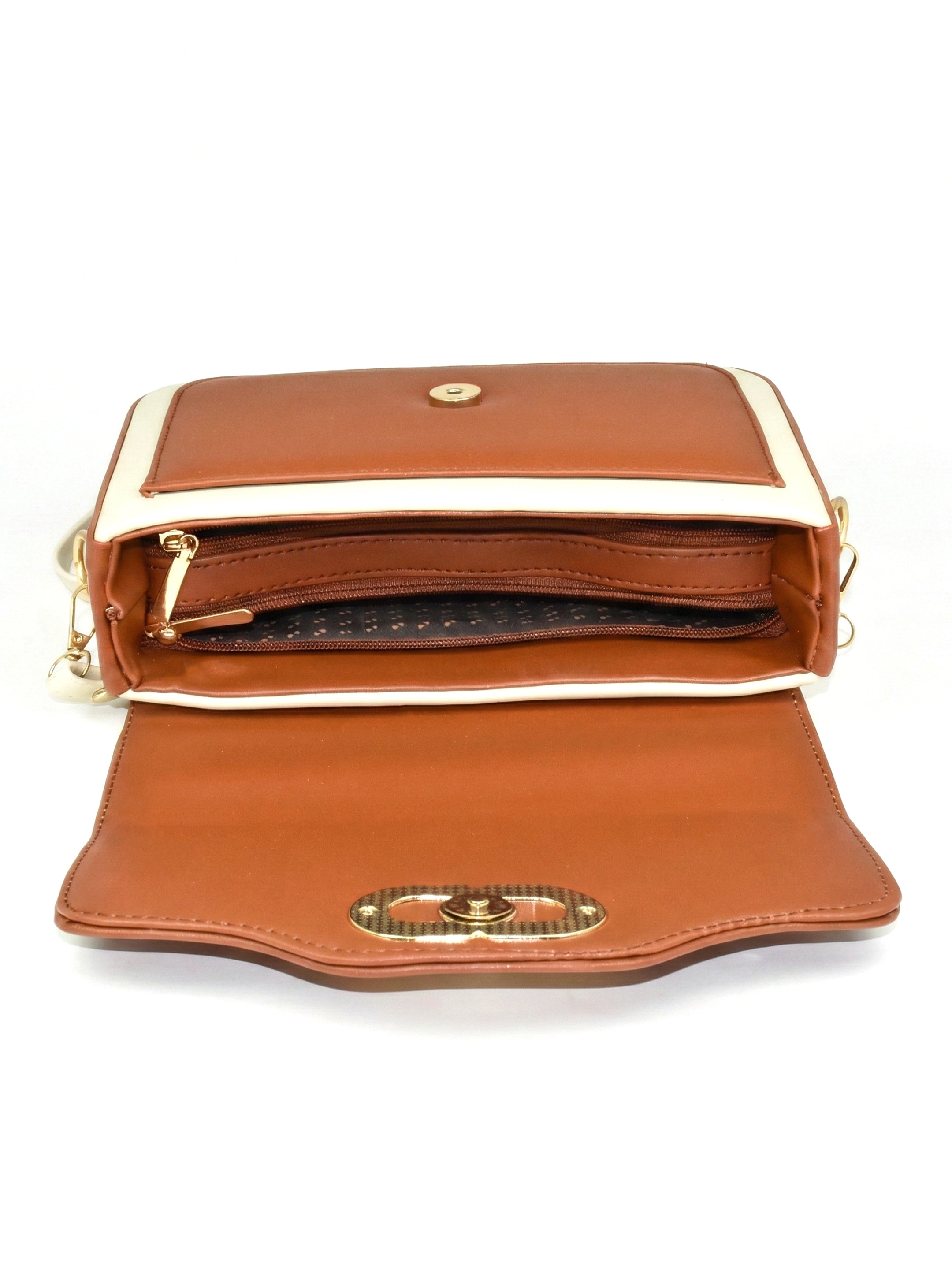 Ajanta Women’s Tan Sling Bag with Stylish Flap Lock and Adjustable Strap