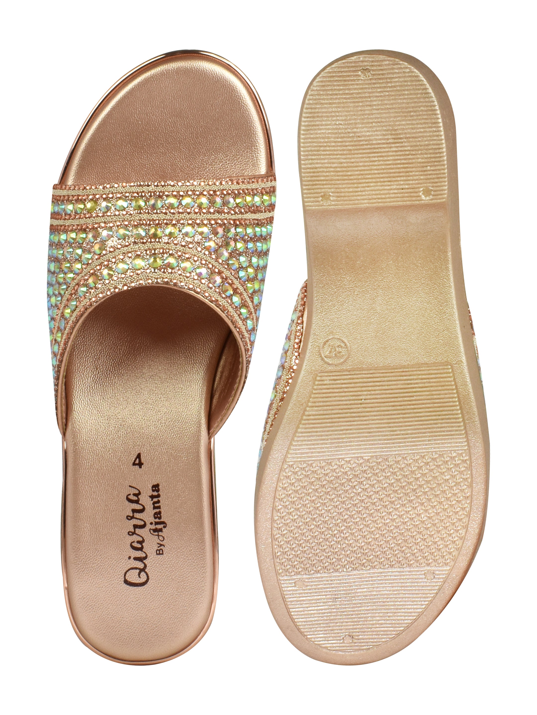 QIARRA Women's Bronze Stone Embellished Rexine Upper, Cushioned Insole PVC Sole Open Toe Mule Wedge Sandal ML0907