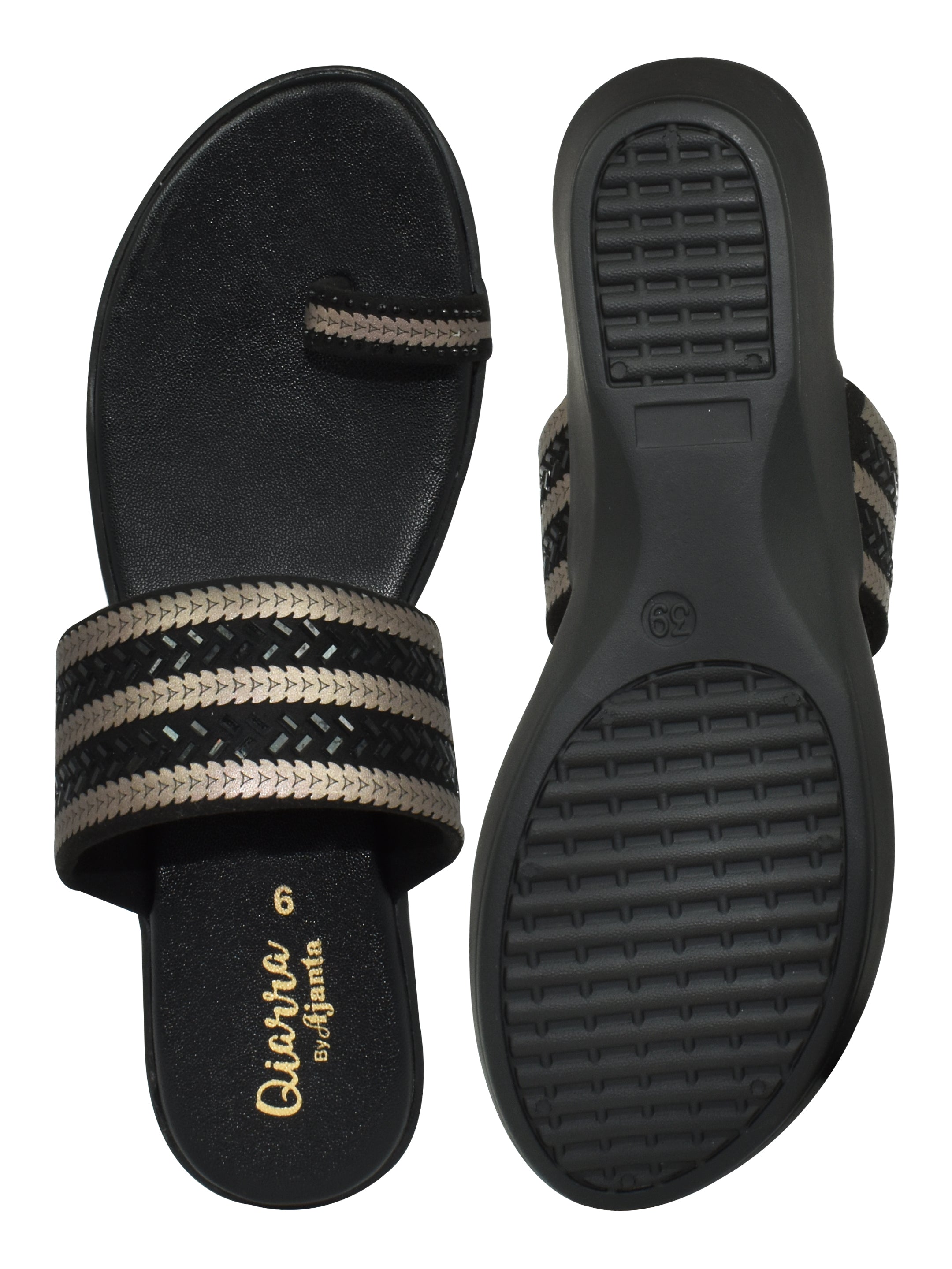 QIARRA Women's Black Embellished Rexine Upper, Cushioned Insole & AirMax Sole Toe Ring Wedge Sandal CL0925