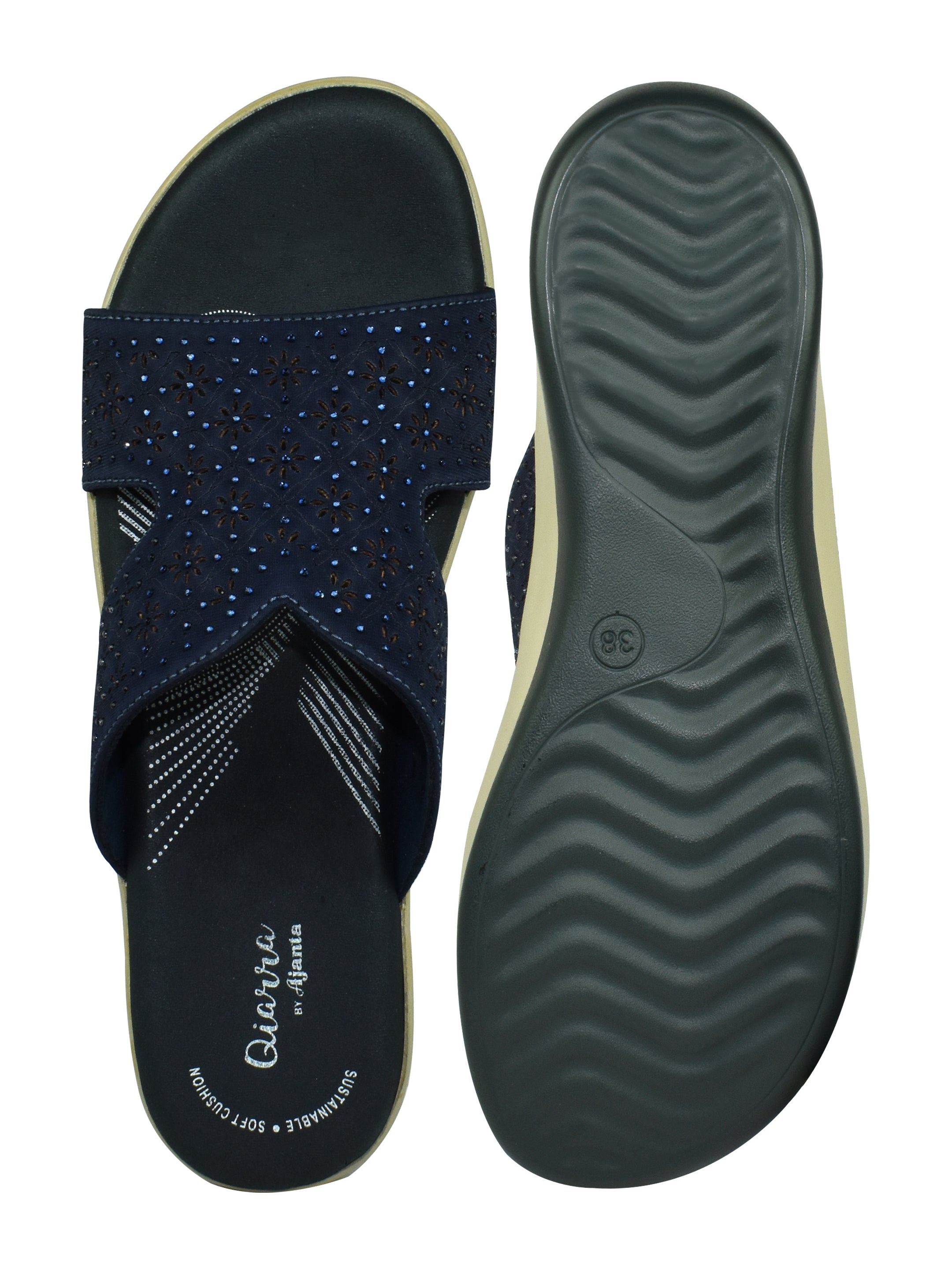 QIARRA Women's Navy Embellished & Laser Cut Rexine Upper, Cushioned Insole, AirMax Sole Open Toe Sandal ML0899