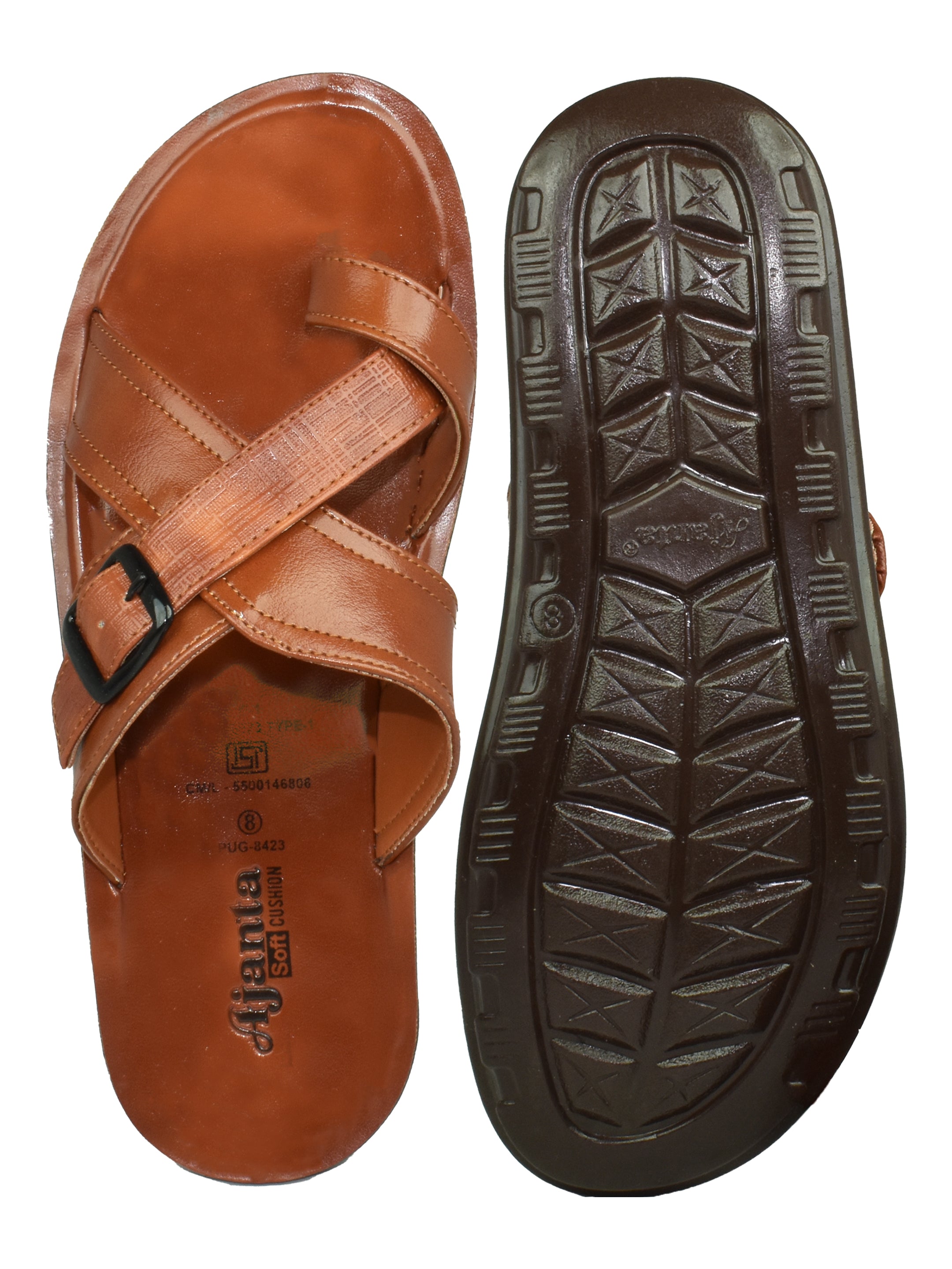 Ajanta Men’s Brown Cross-Strap Sandal with Toe Loop & Adjustable Buckle