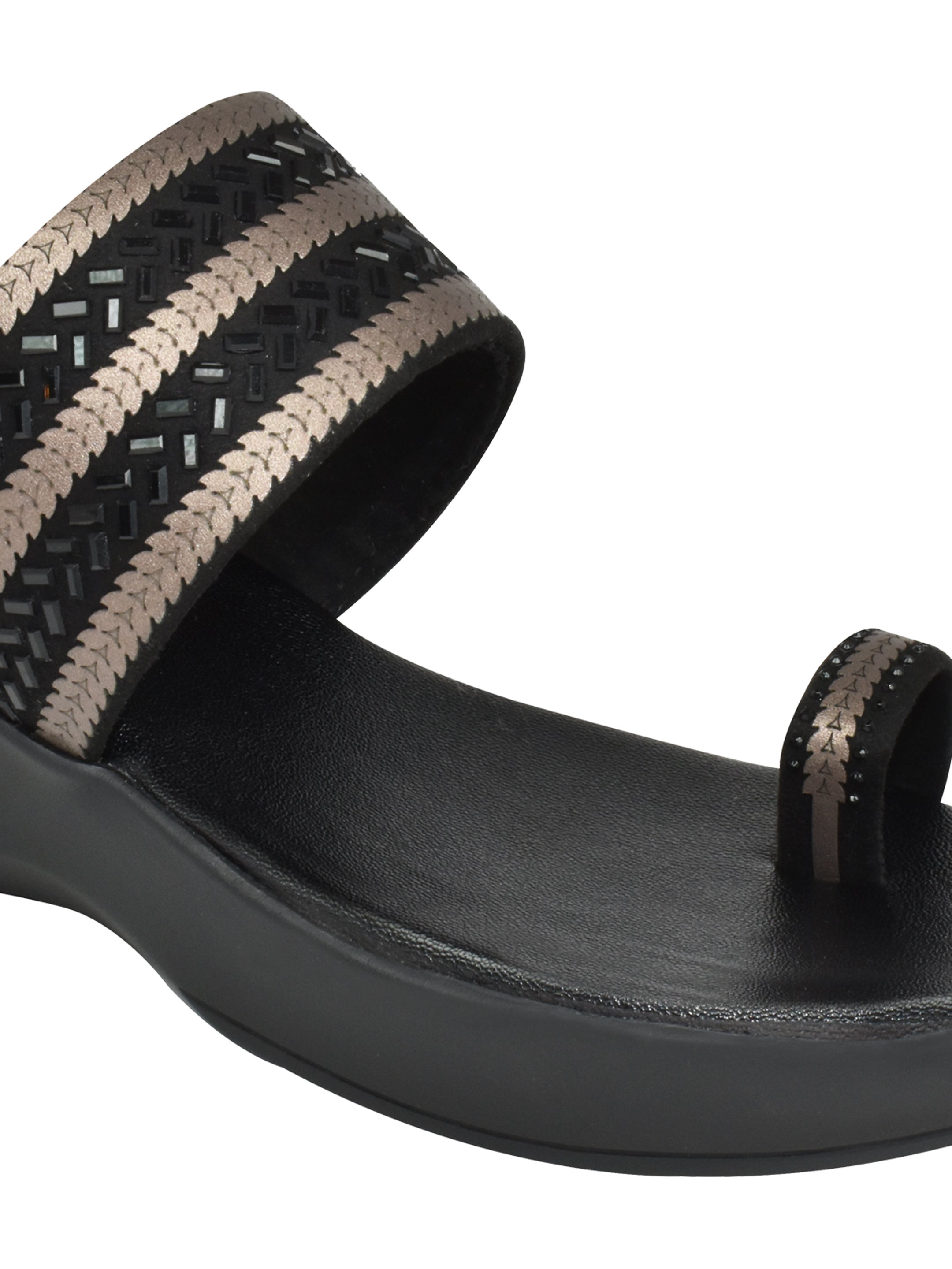 QIARRA Women's Black Embellished Rexine Upper, Cushioned Insole & AirMax Sole Toe Ring Wedge Sandal CL0925