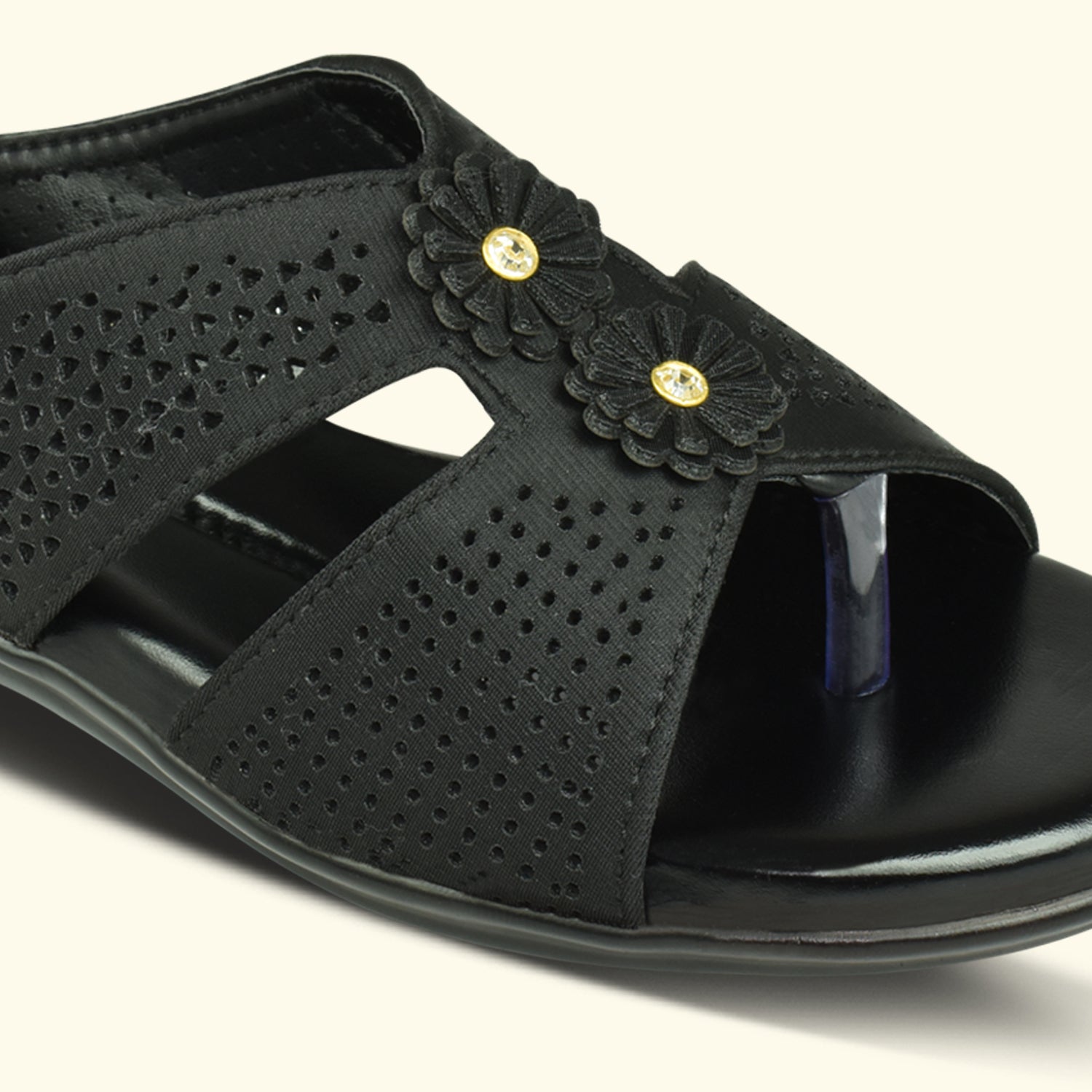 Ajanta Black Laser Cut Floral Upper Slip-on Flat Sandal for Women EL3025