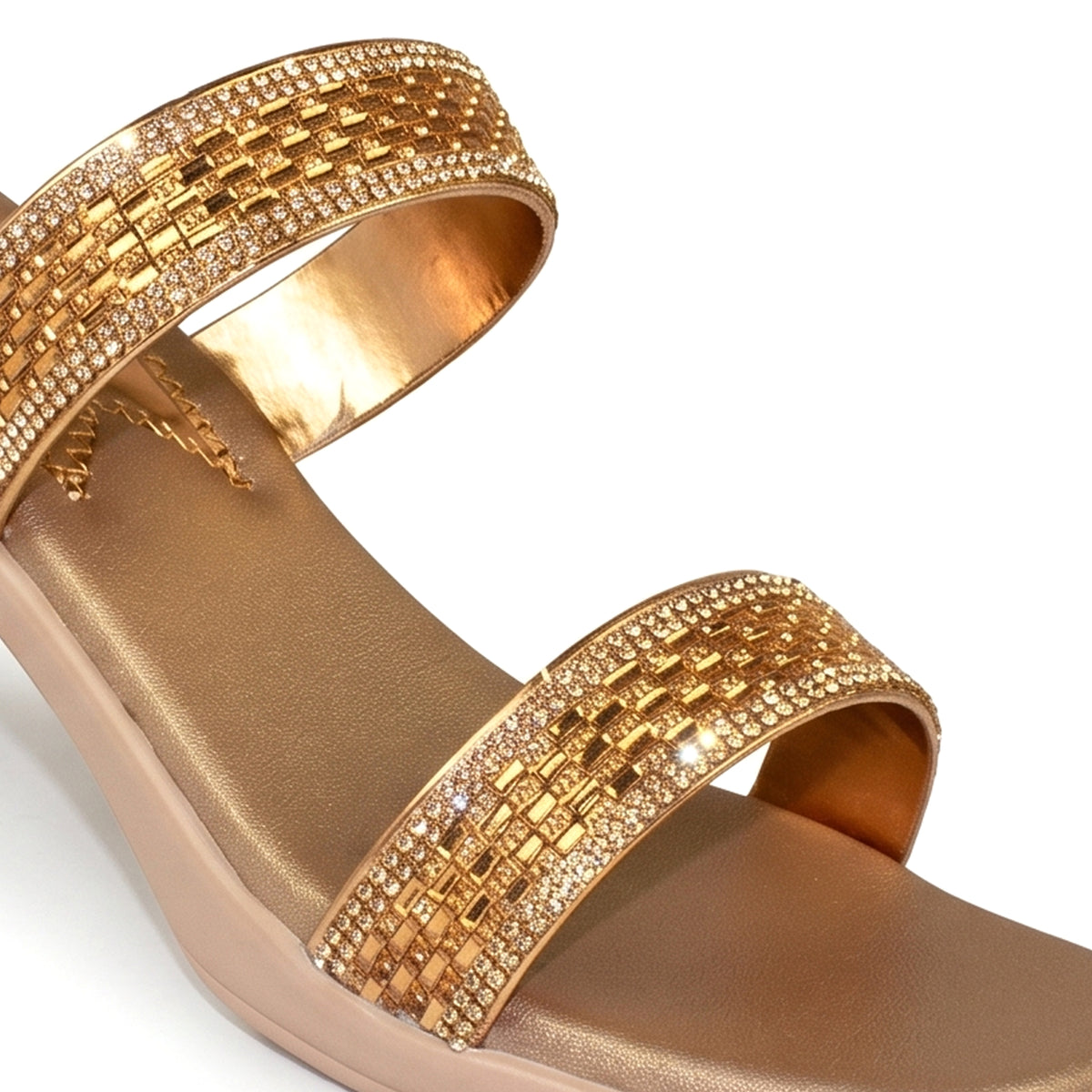 AJANTA Women’s Gold Heels Sandals | Embellished Rhinestone Stone Work Block Heel Sandals | Slip-On Open Toe Heels for Women | Fancy Wedding, Party, Festive, Ethnic & Occasion Wear Footwear
