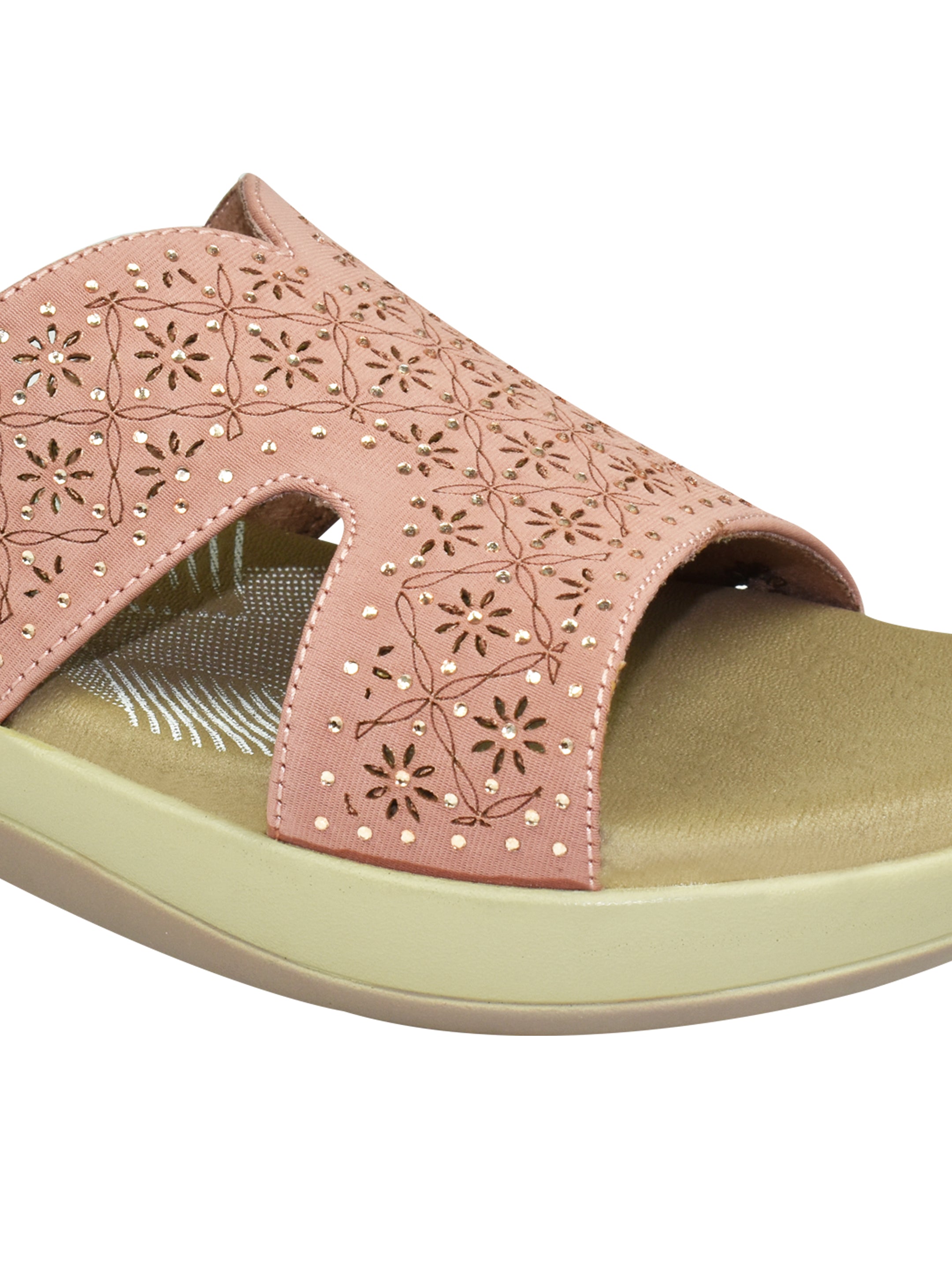 QIARRA Women's Pink  Embellished & Laser Cut Rexine Upper, Cushioned Insole, AirMax Sole Open Toe Sandal ML0900